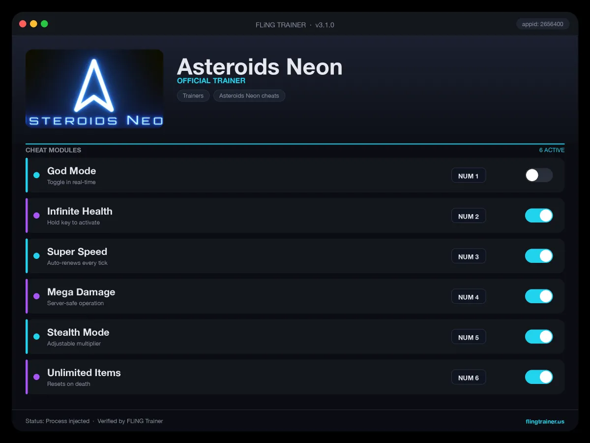 Asteroids Neon Trainer interface