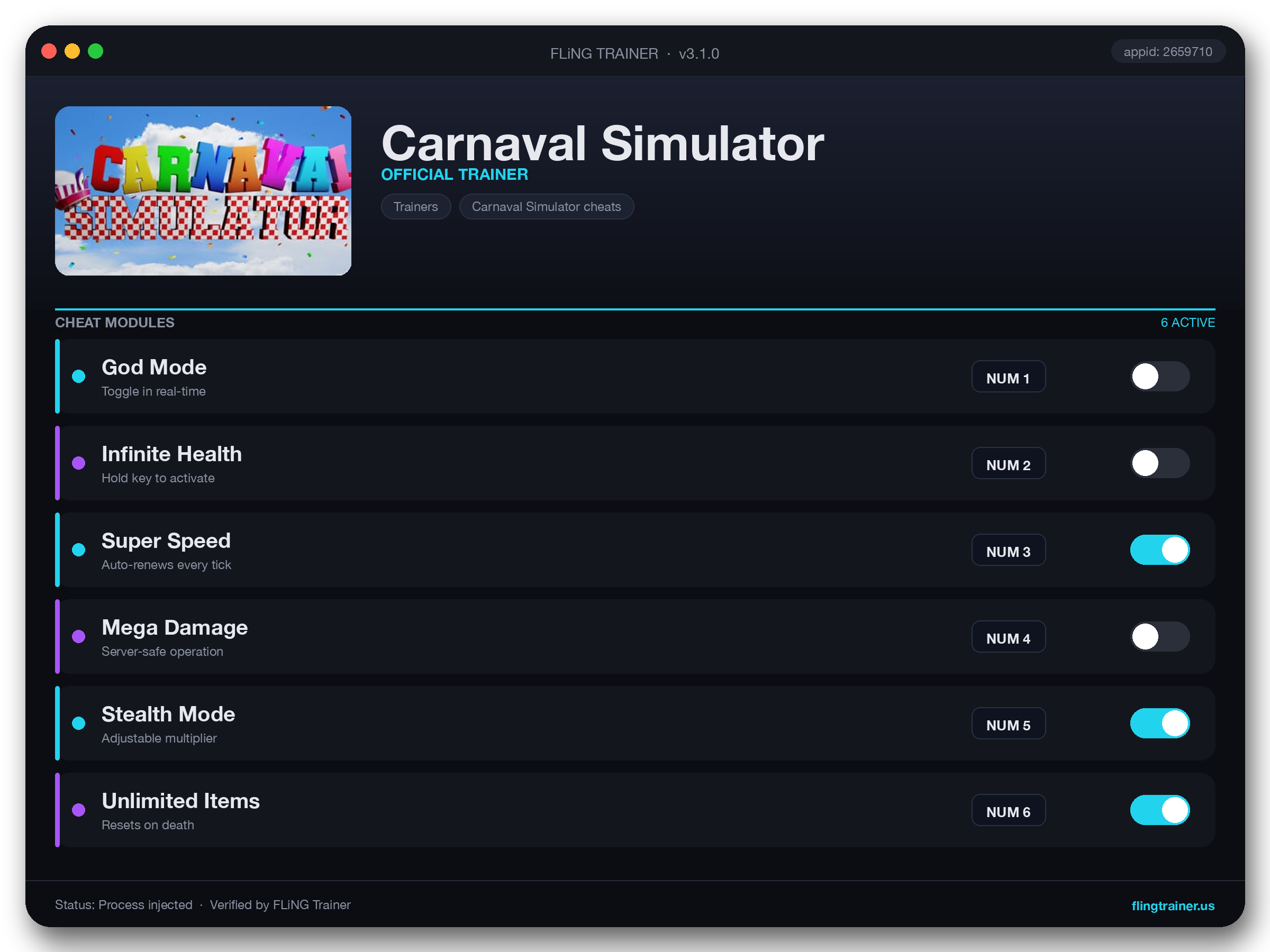 Carnaval Simulator Trainer interface