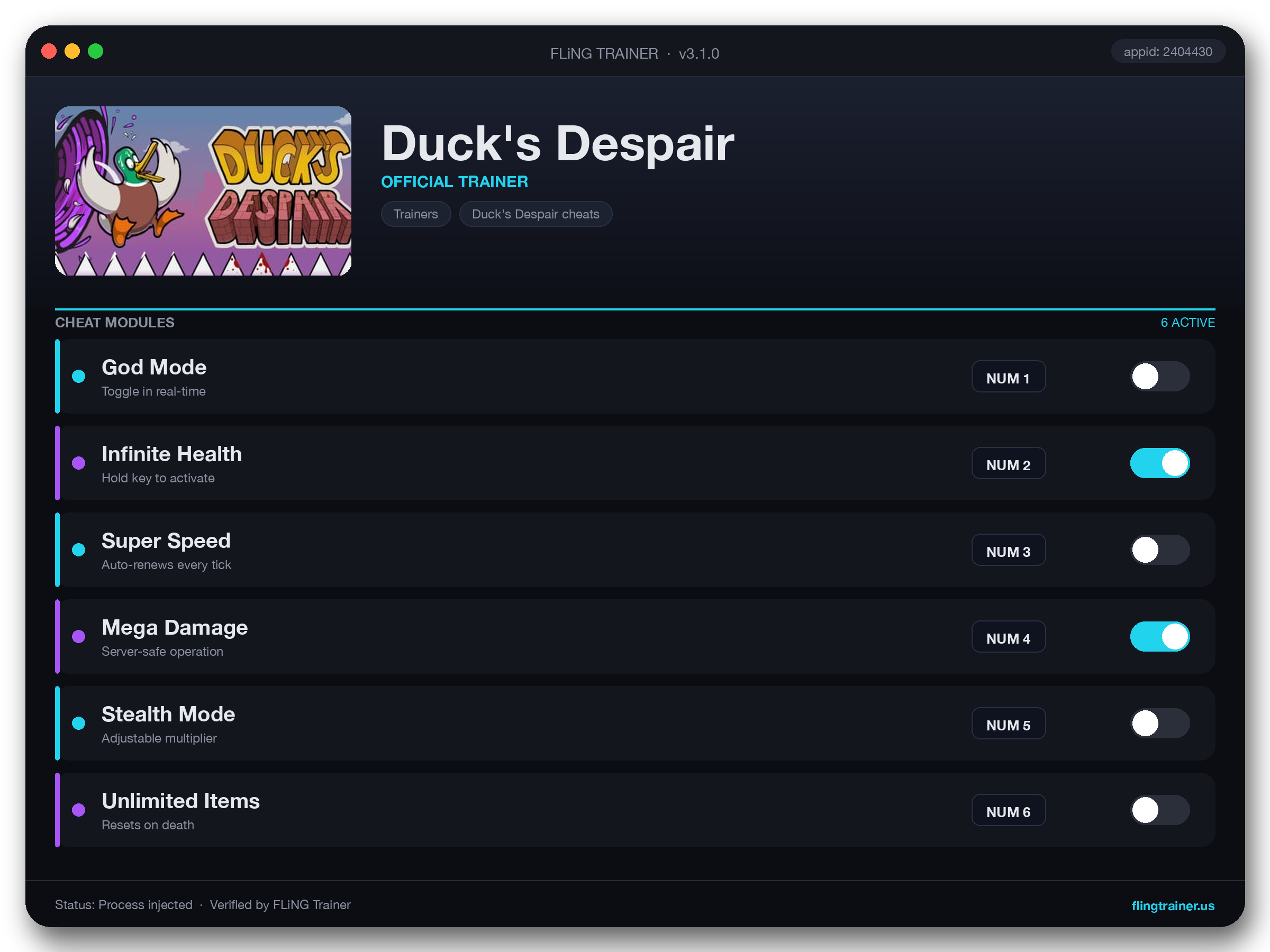 Duck's Despair Trainer interface