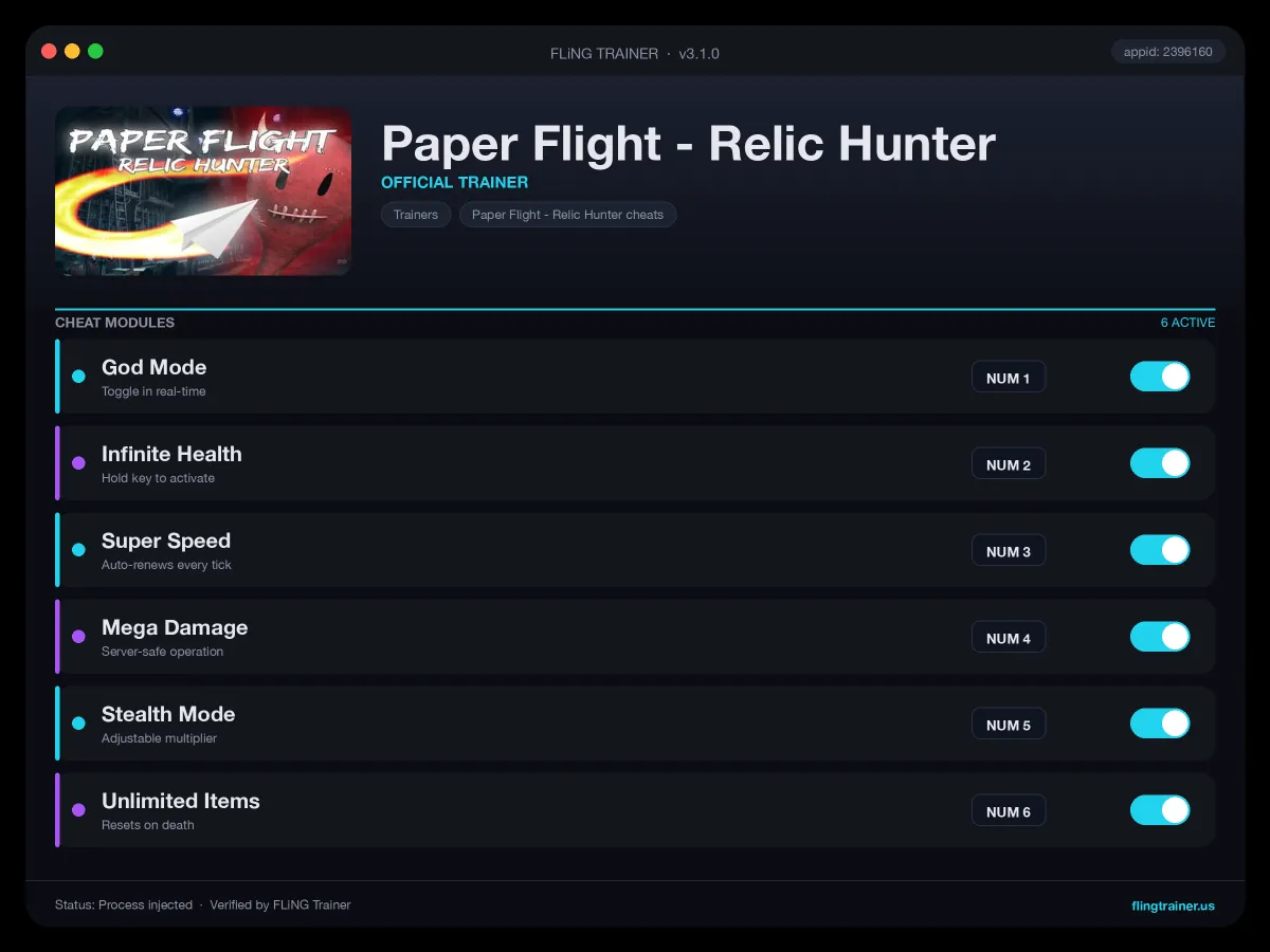 Paper Flight - Relic Hunter Trainer interface