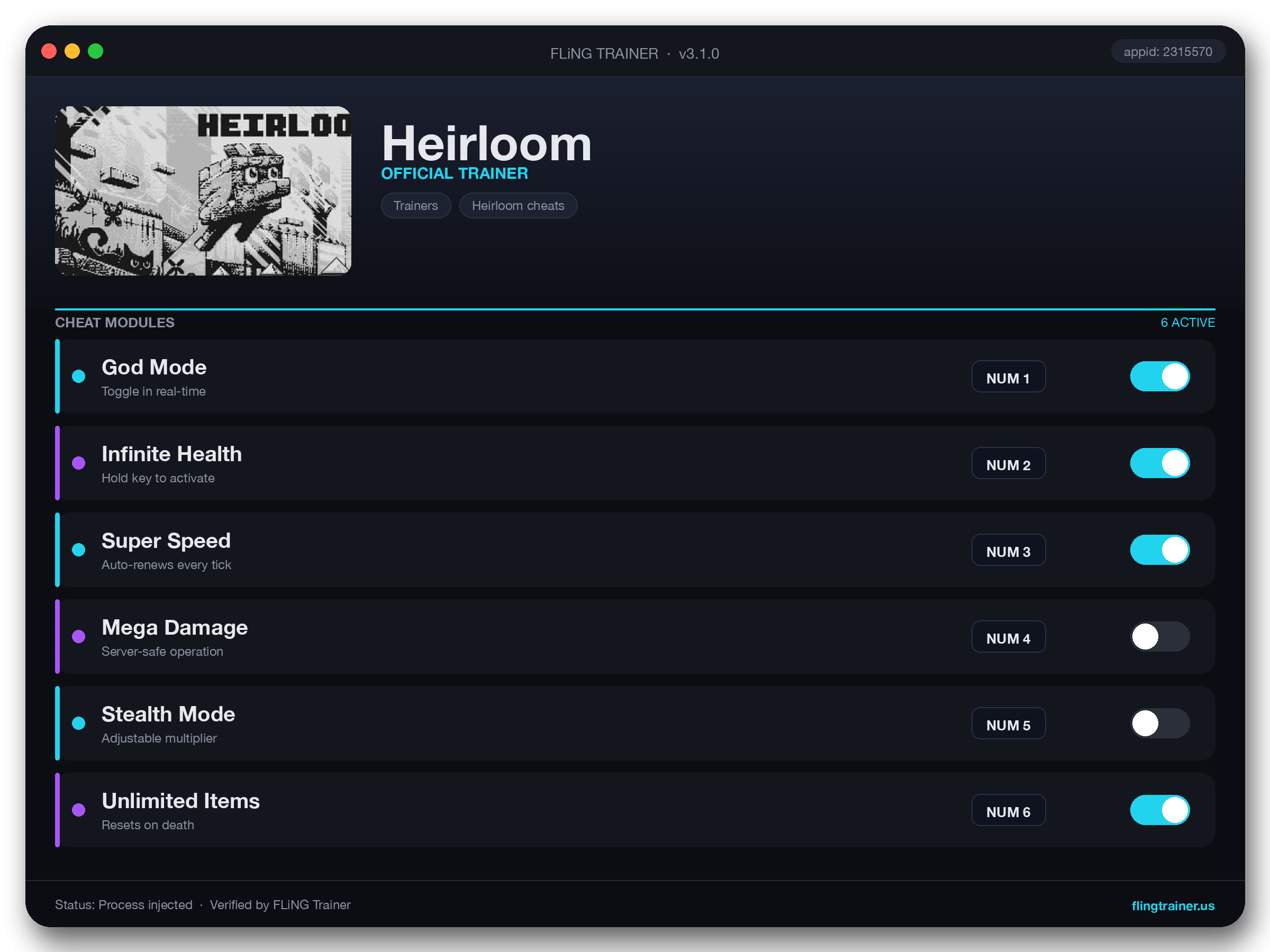 Heirloom Trainer interface