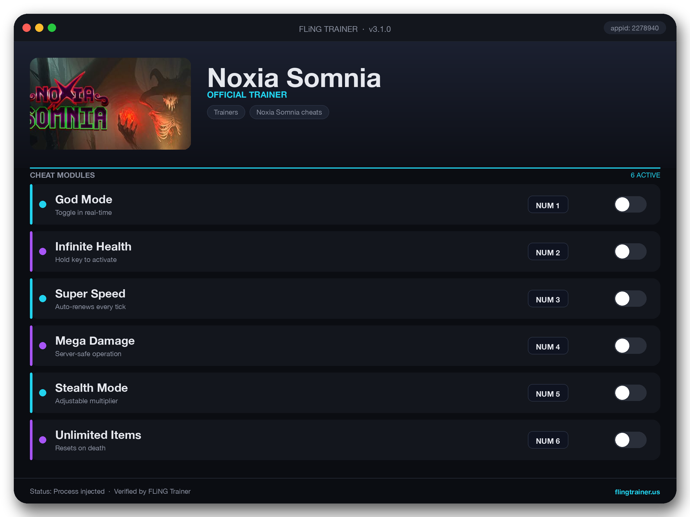 Noxia Somnia Trainer interface
