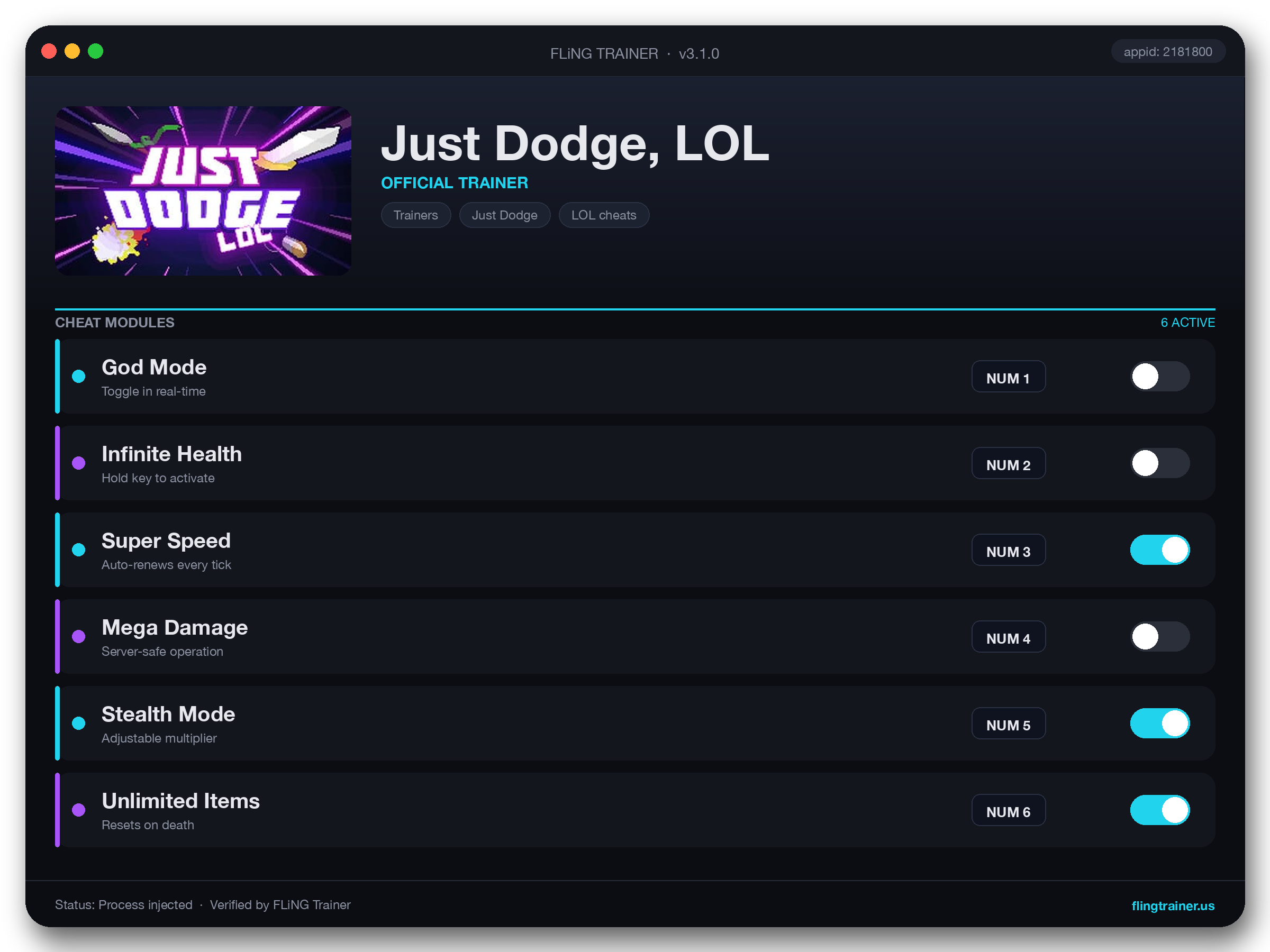 Just Dodge, LOL Trainer interface
