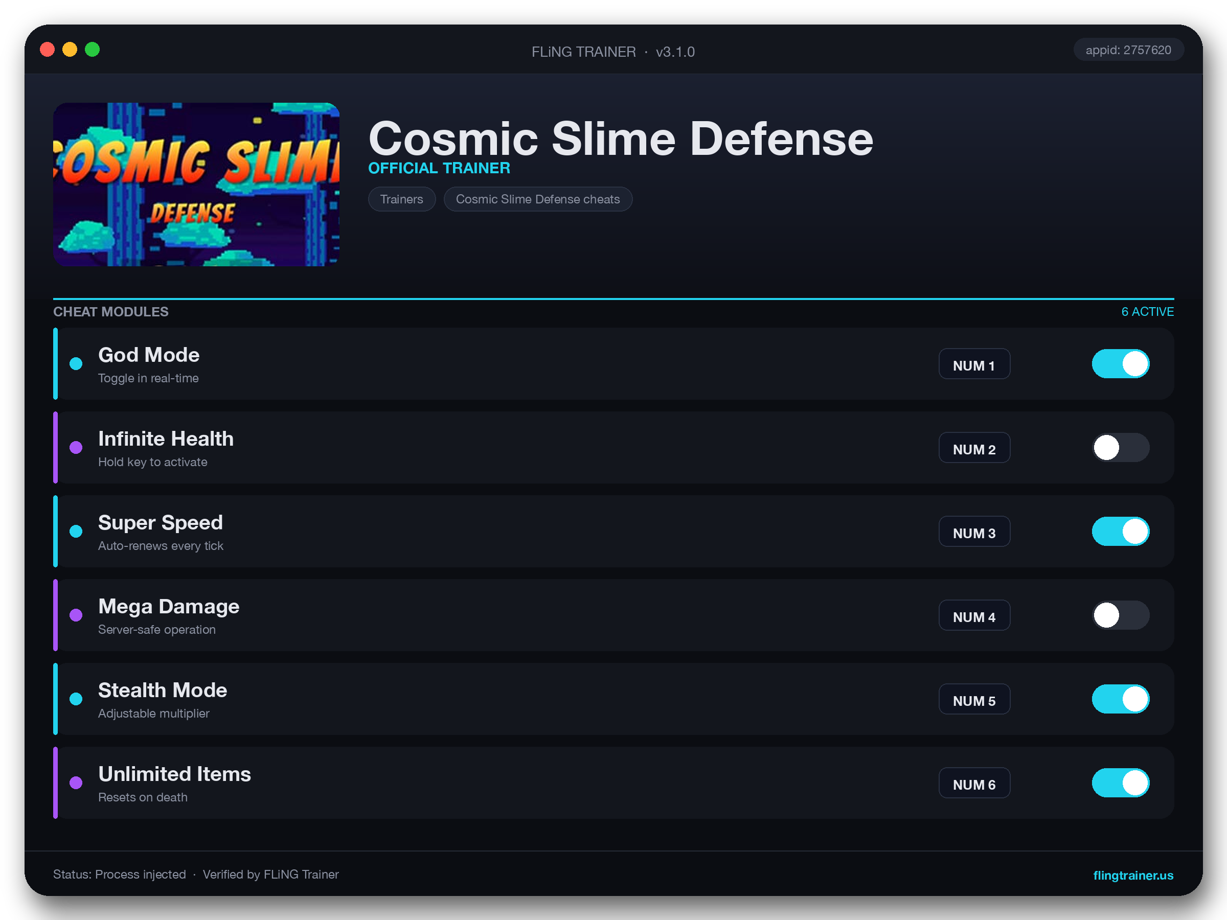 Cosmic Slime Defense Trainer interface