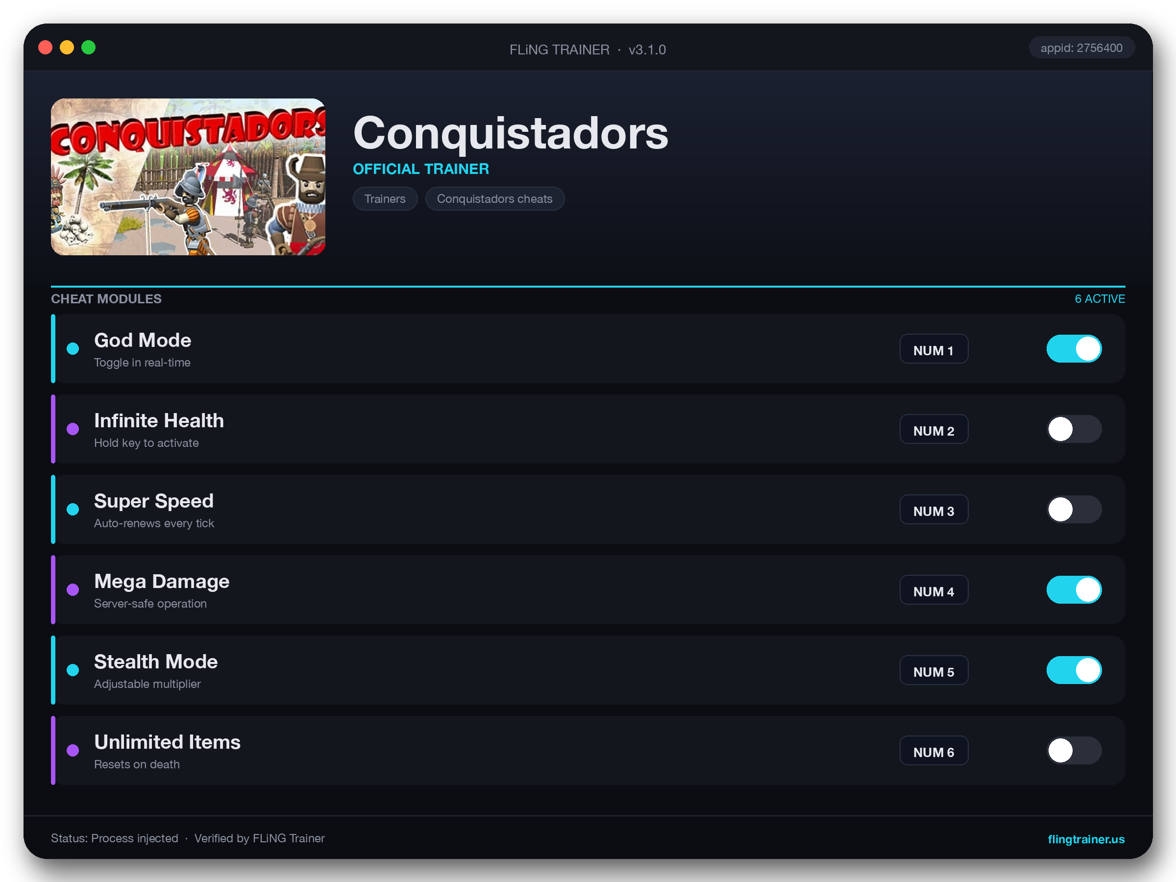 Conquistadors Trainer interface