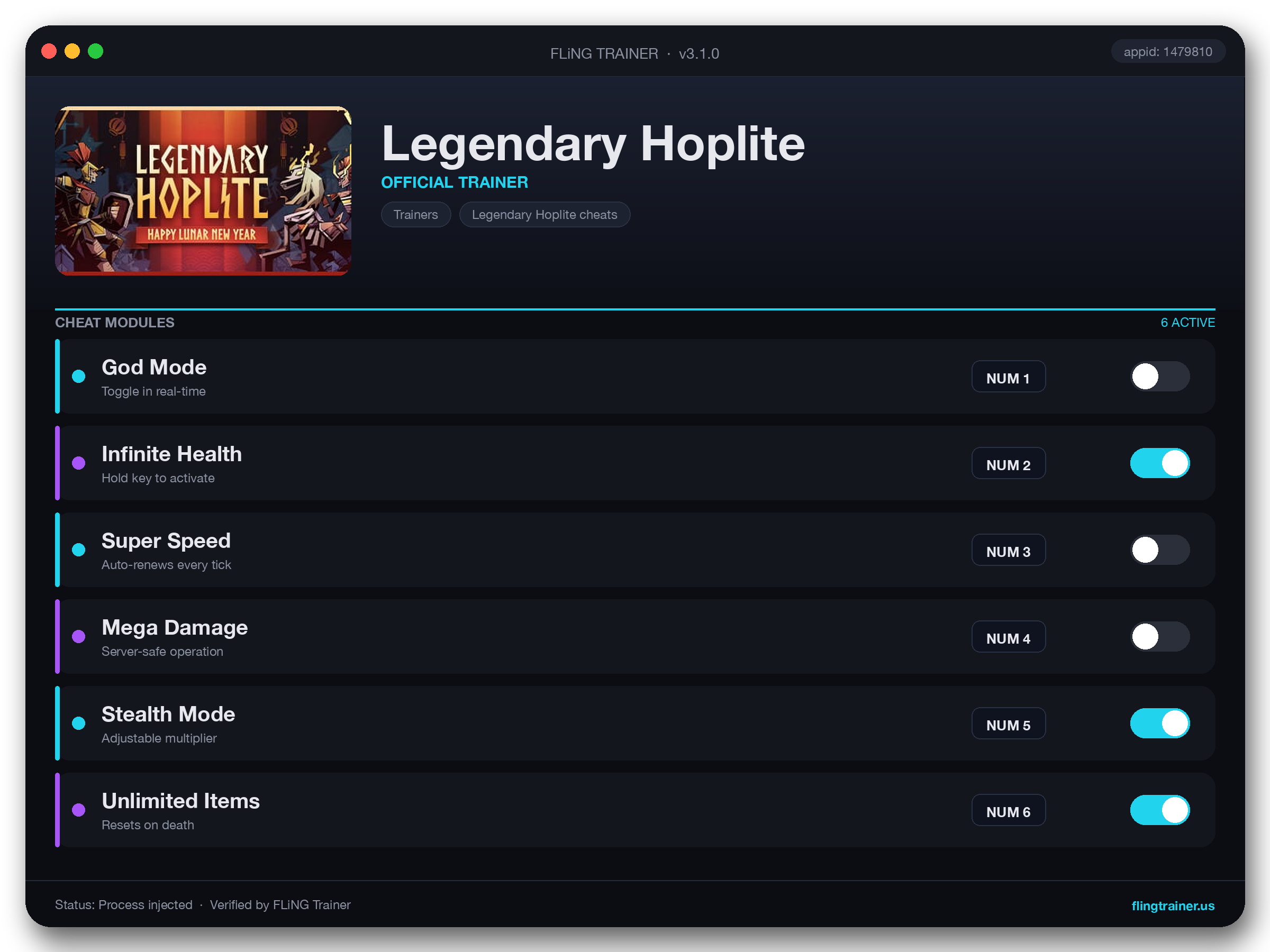 Legendary Hoplite Trainer interface