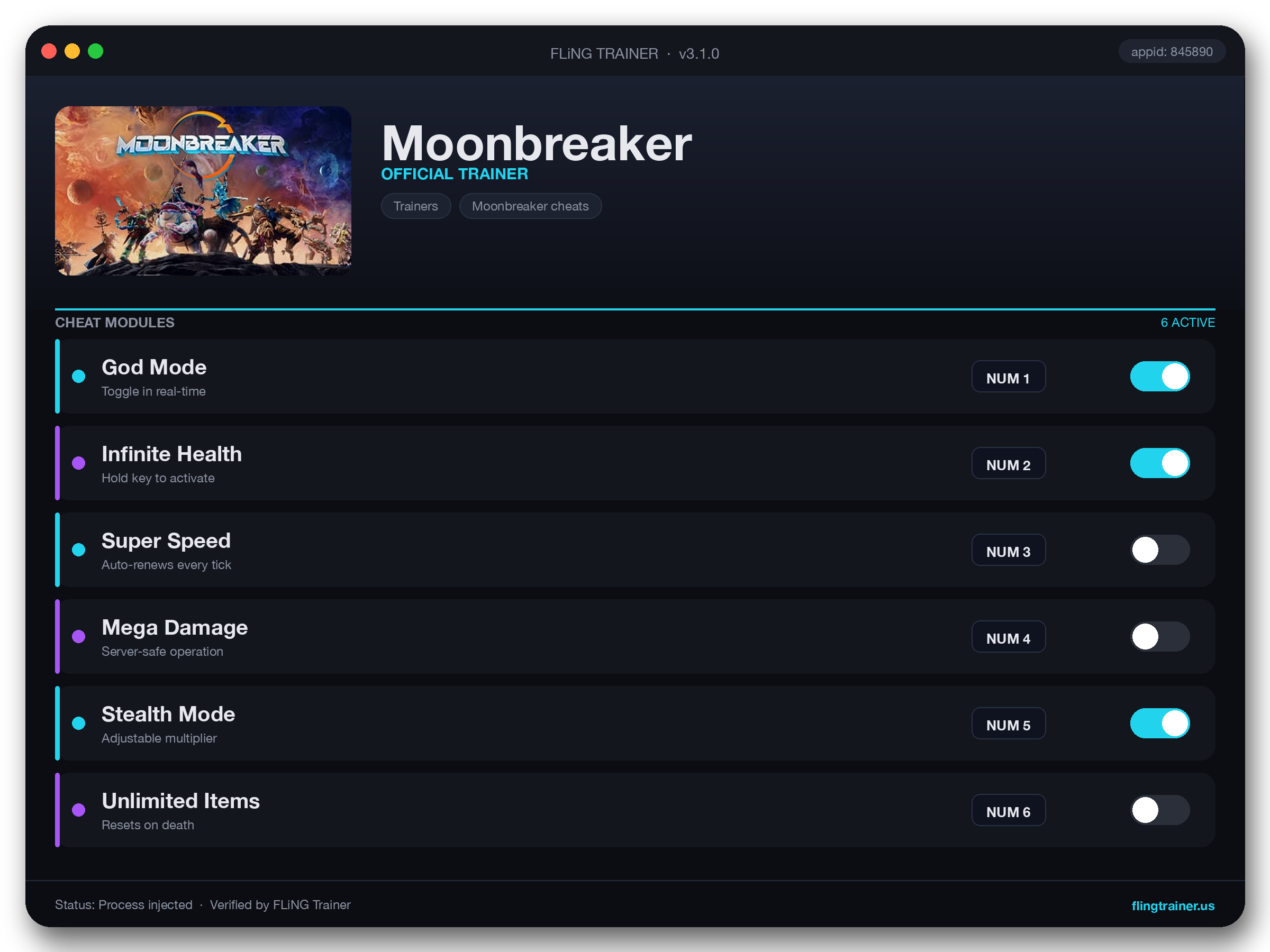 Moonbreaker Trainer interface