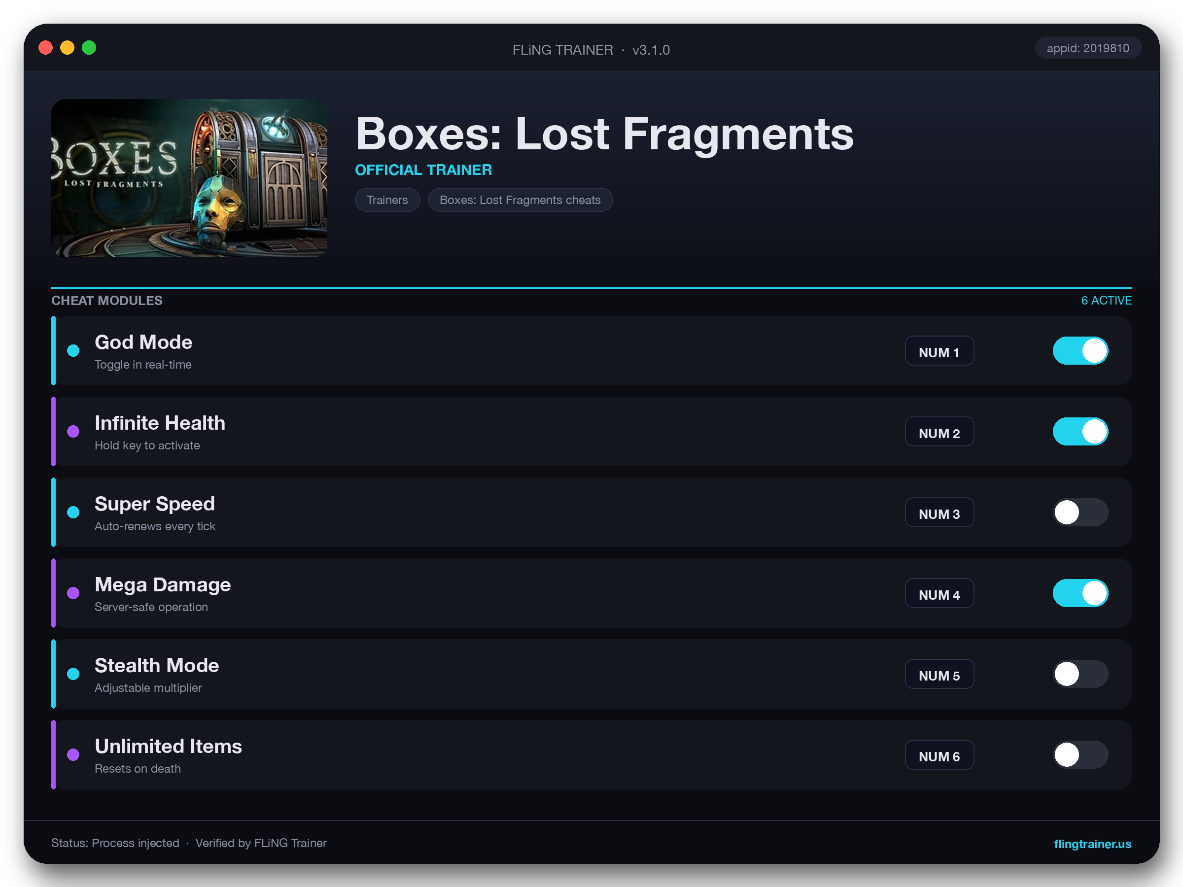 Boxes: Lost Fragments Trainer interface