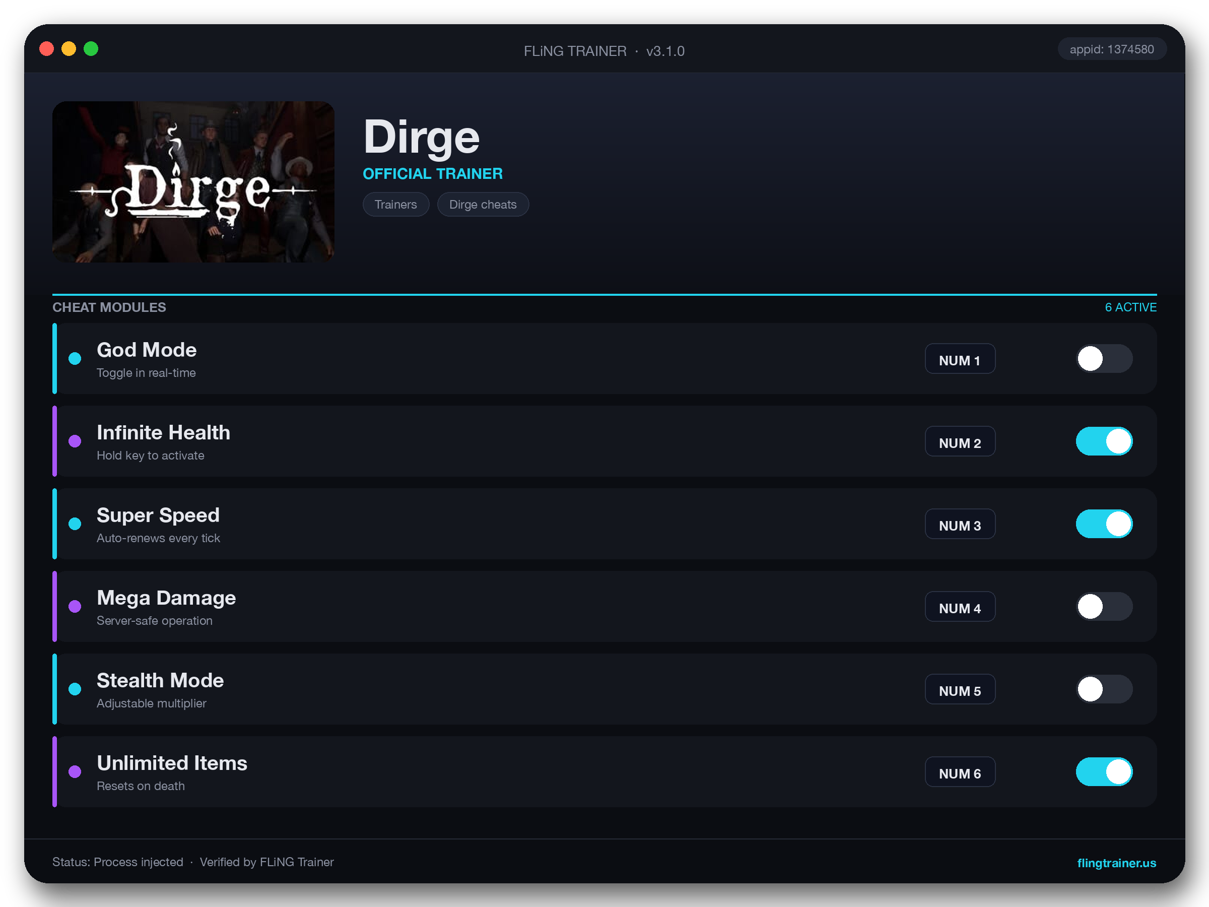 Dirge Trainer interface