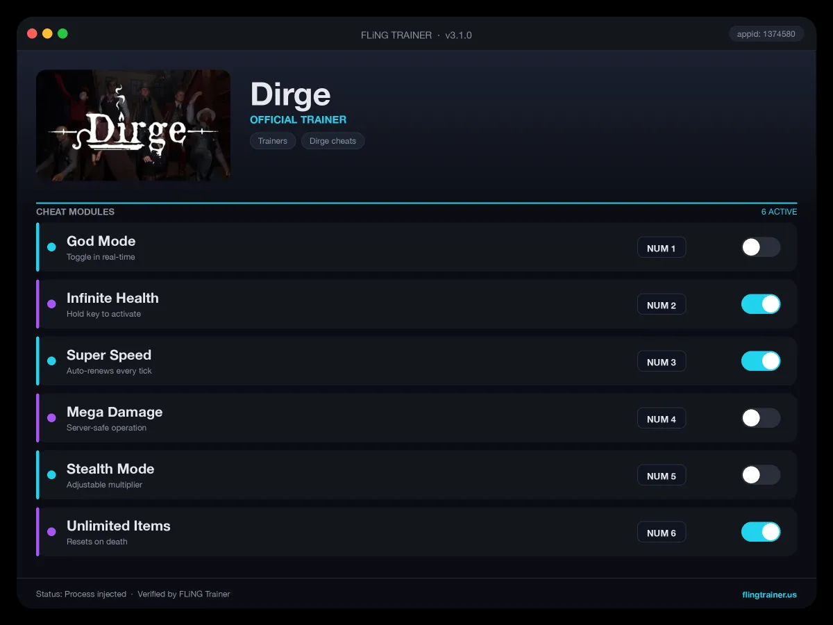 Dirge Trainer interface
