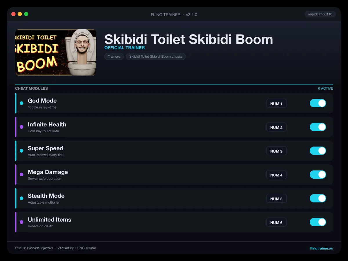 Skibidi Toilet Skibidi Boom Trainer interface