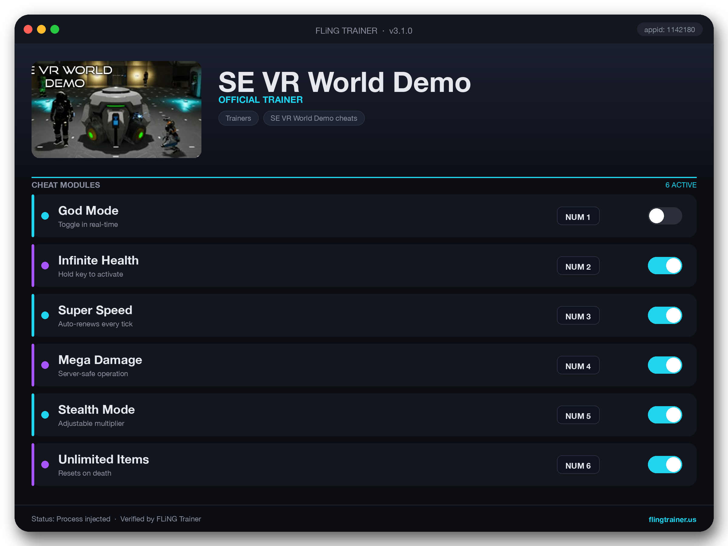 SE VR World Demo Trainer interface