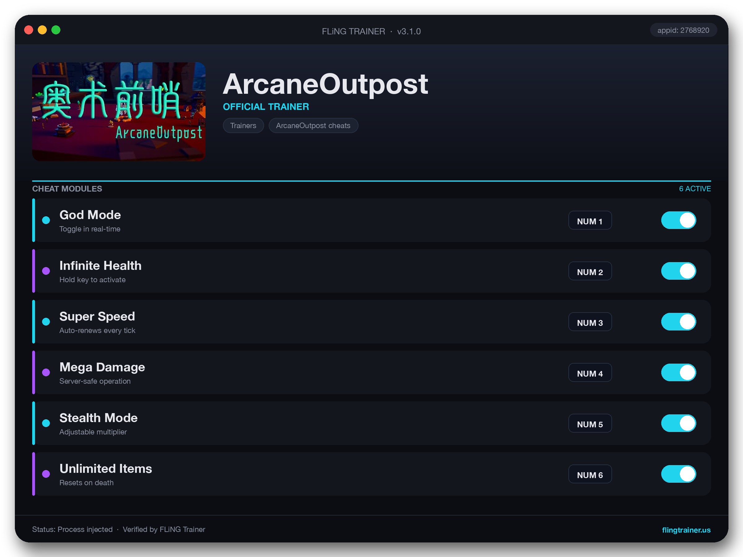 ArcaneOutpost Trainer interface