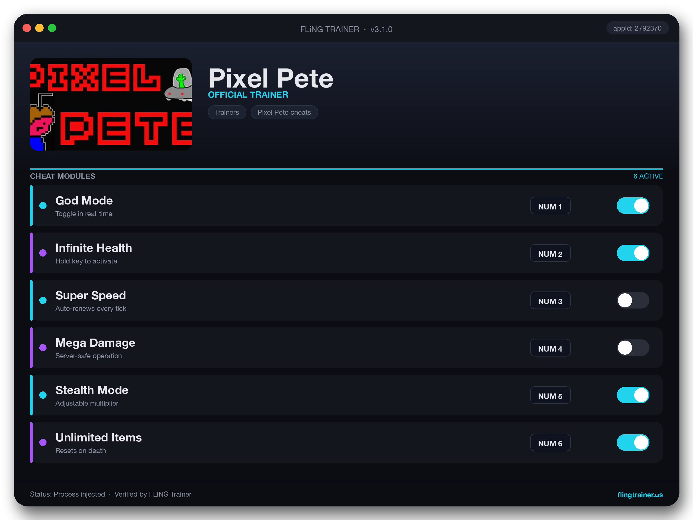 Pixel Pete Trainer interface
