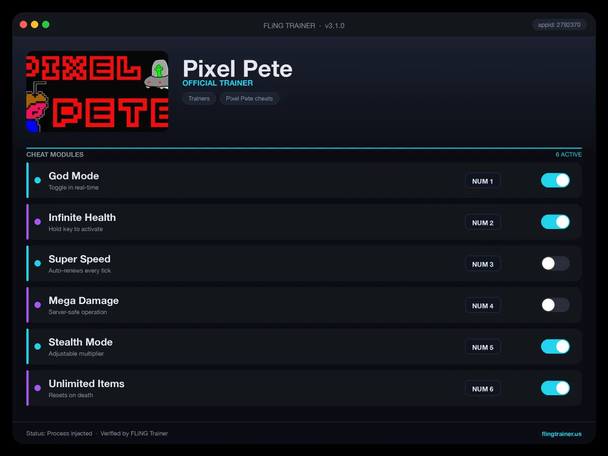 Pixel Pete Trainer interface