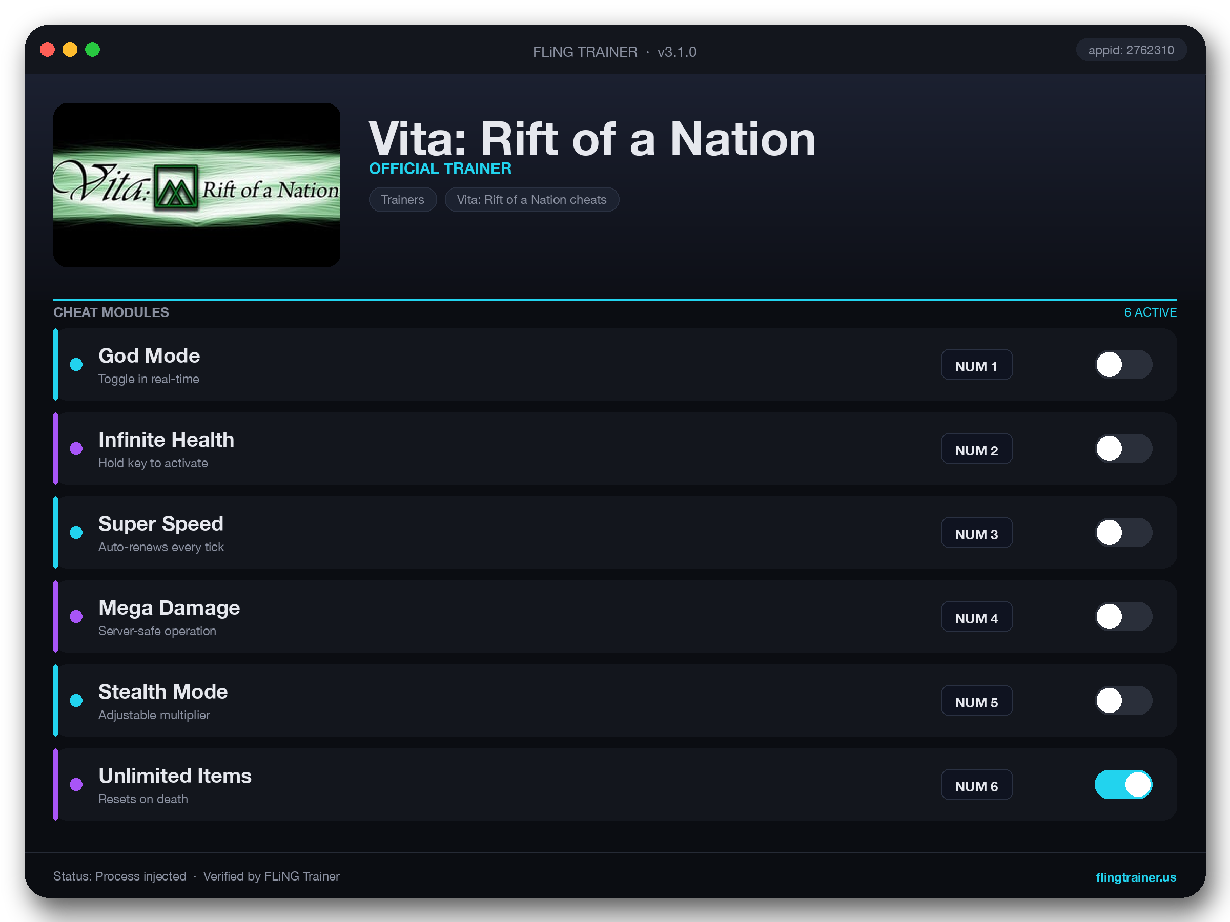 Vita: Rift of a Nation Trainer interface