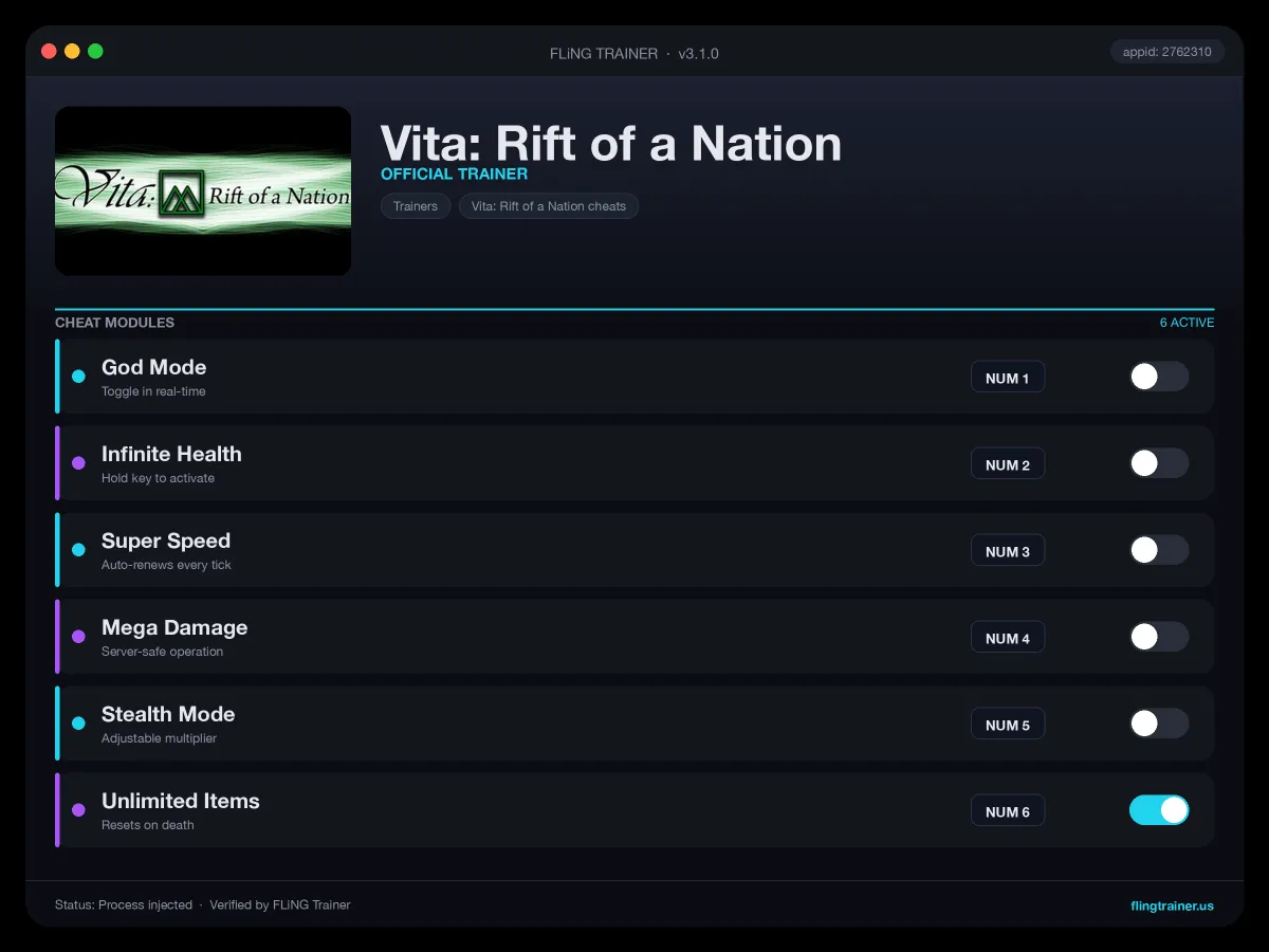 Vita: Rift of a Nation Trainer interface