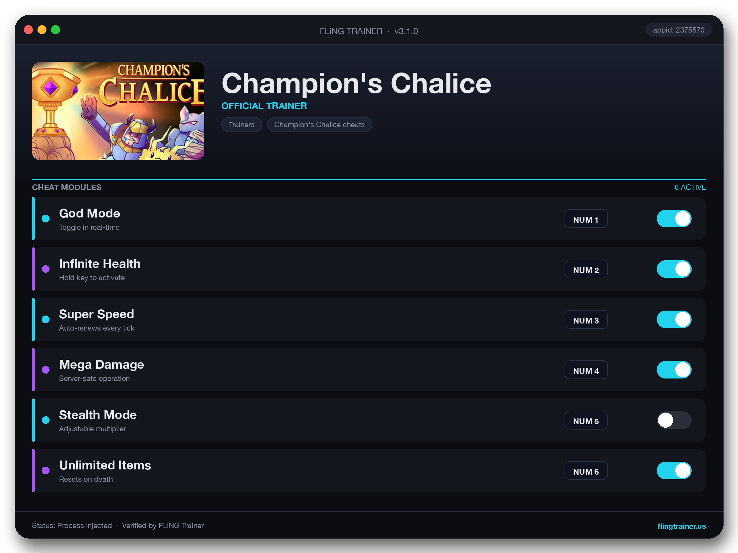 Champion's Chalice Trainer interface