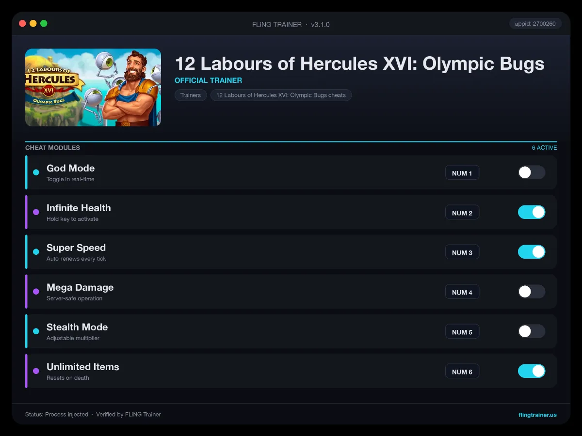 12 Labours of Hercules XVI: Olympic Bugs Trainer interface