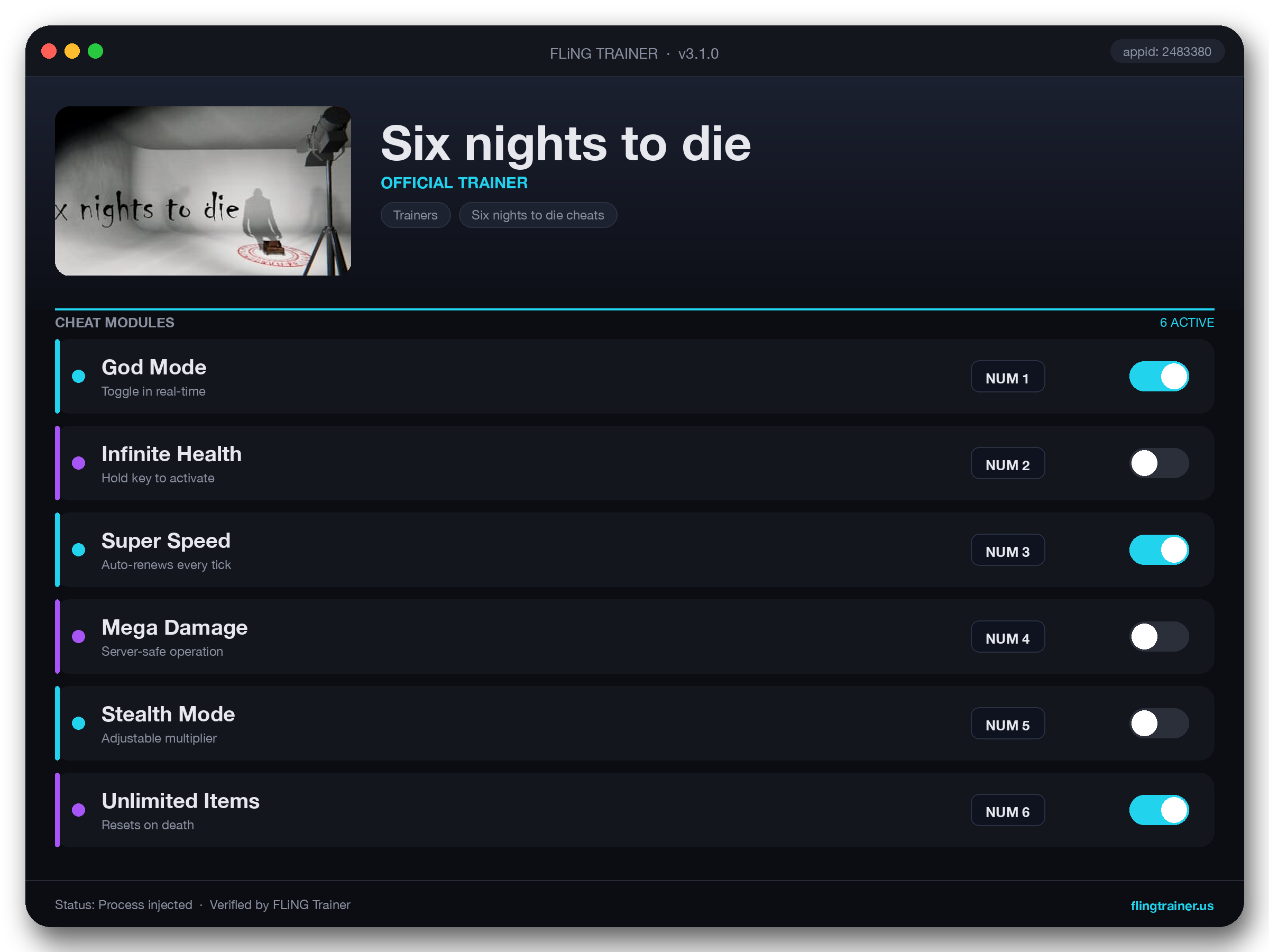 Six nights to die Trainer interface
