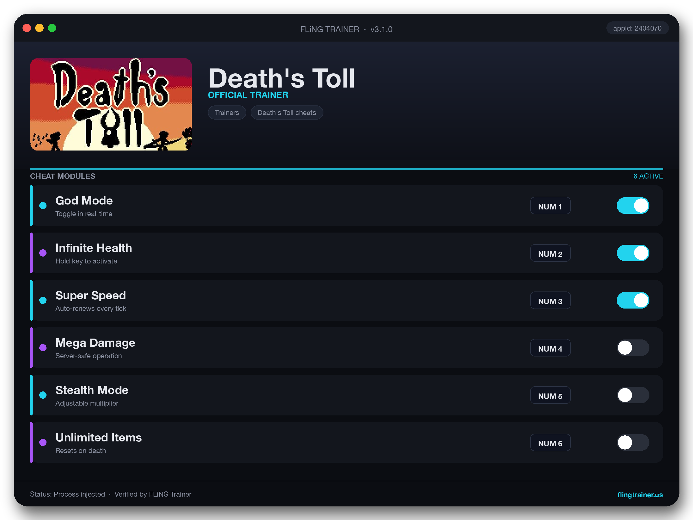 Death's Toll Trainer interface