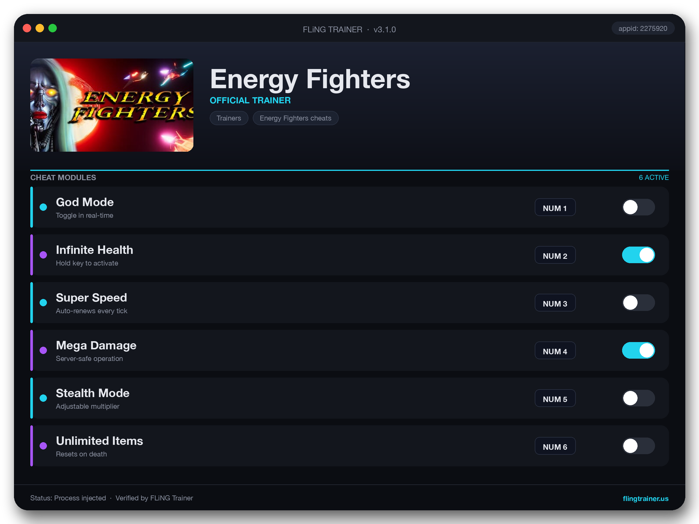 Energy Fighters Trainer interface
