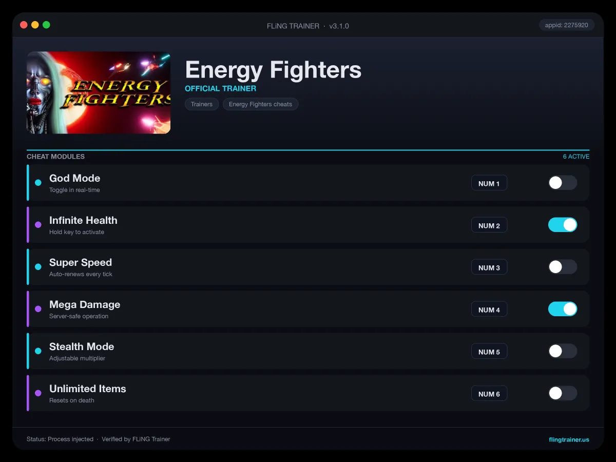 Energy Fighters Trainer interface