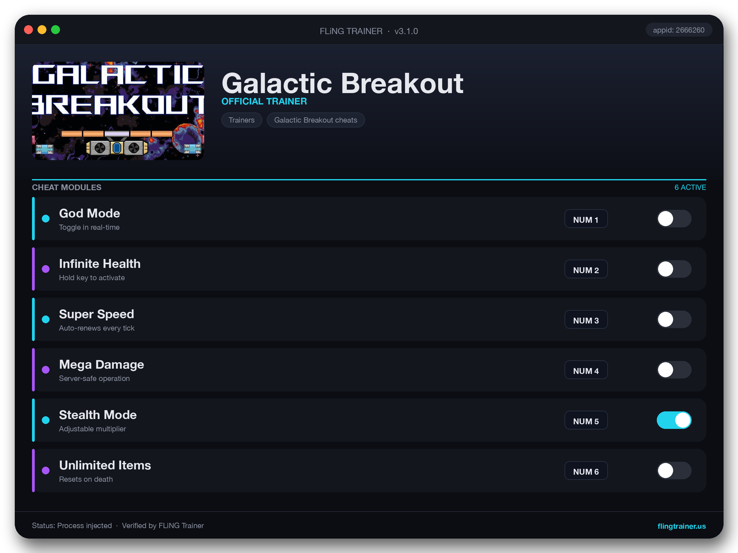 Galactic Breakout Trainer interface