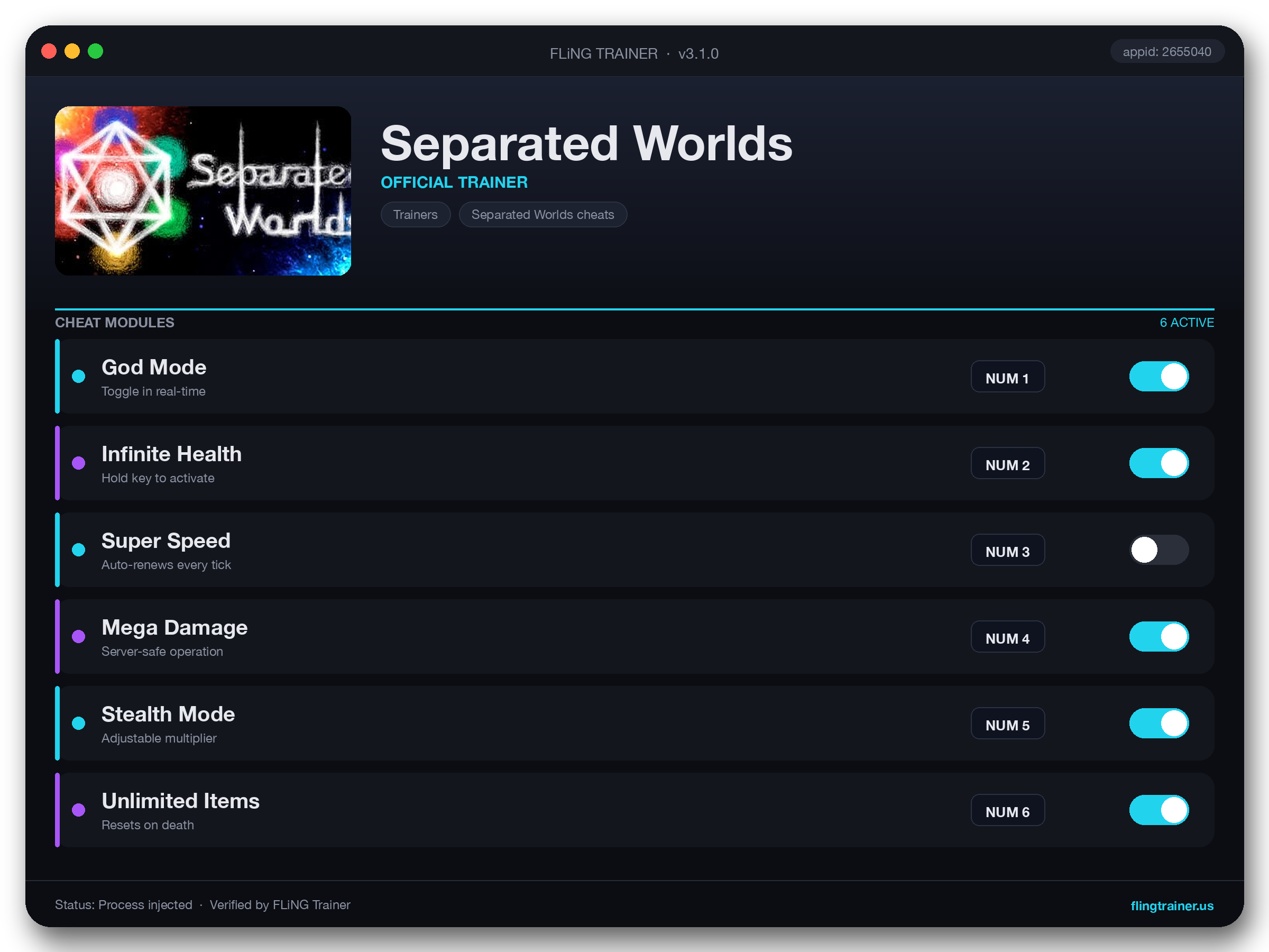 Separated Worlds Trainer interface