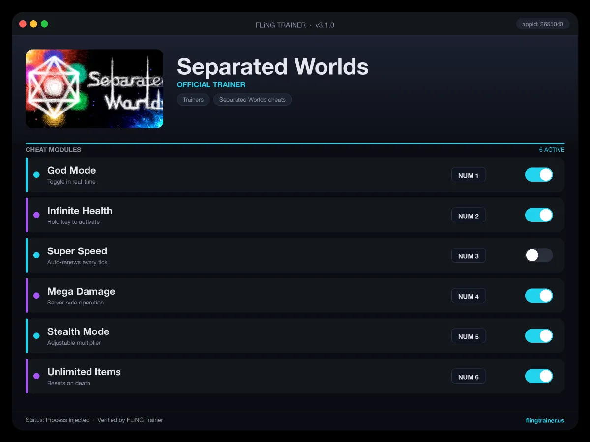 Separated Worlds Trainer interface