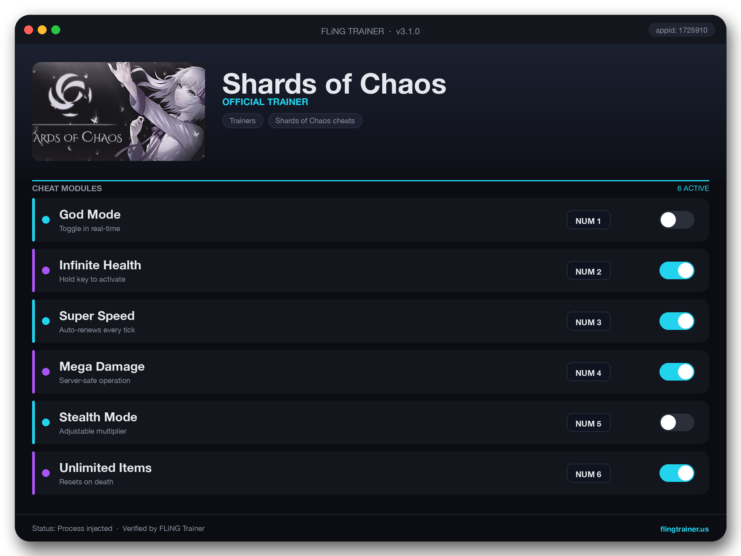Shards of Chaos Trainer interface