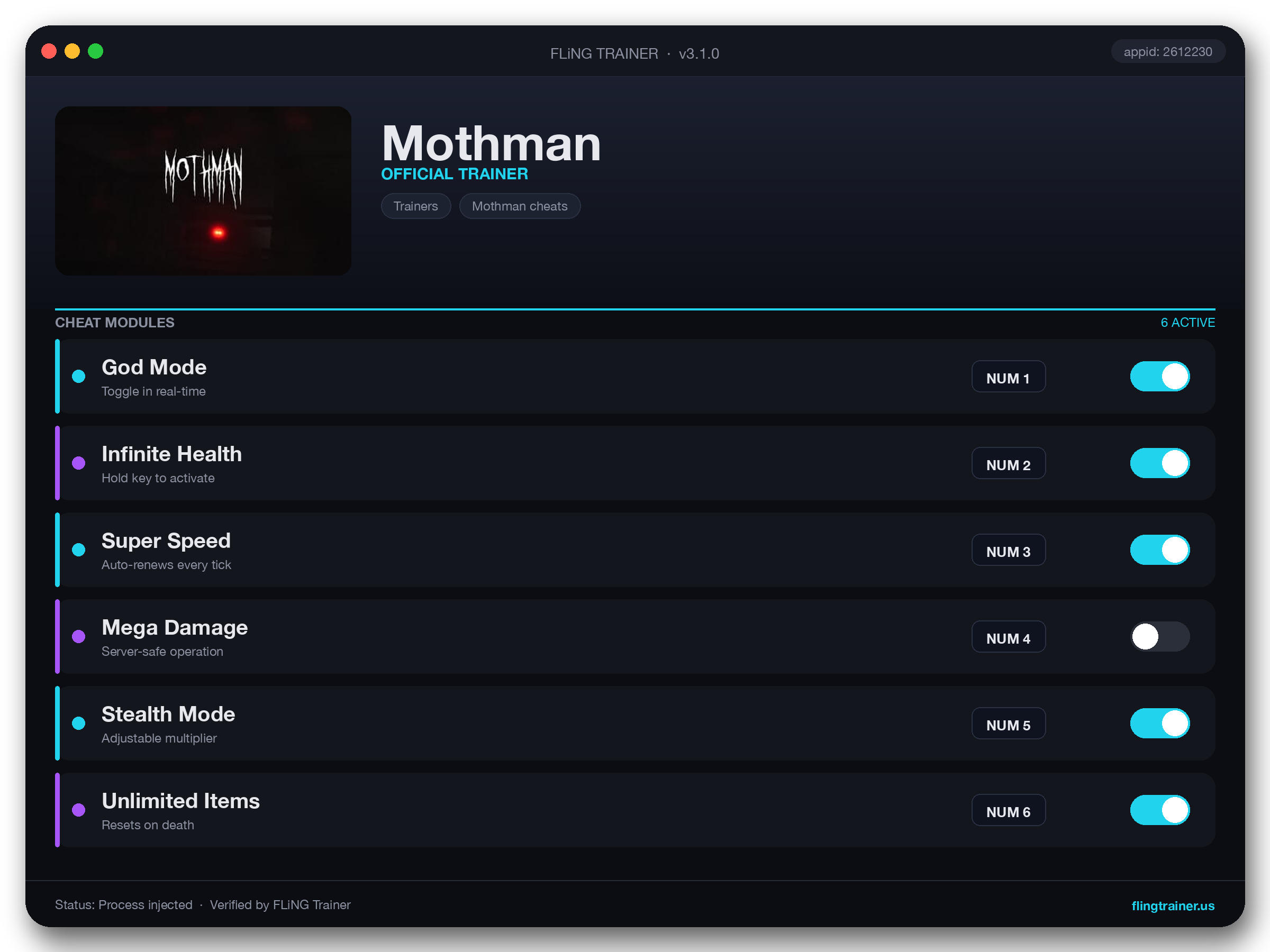 Mothman Trainer interface