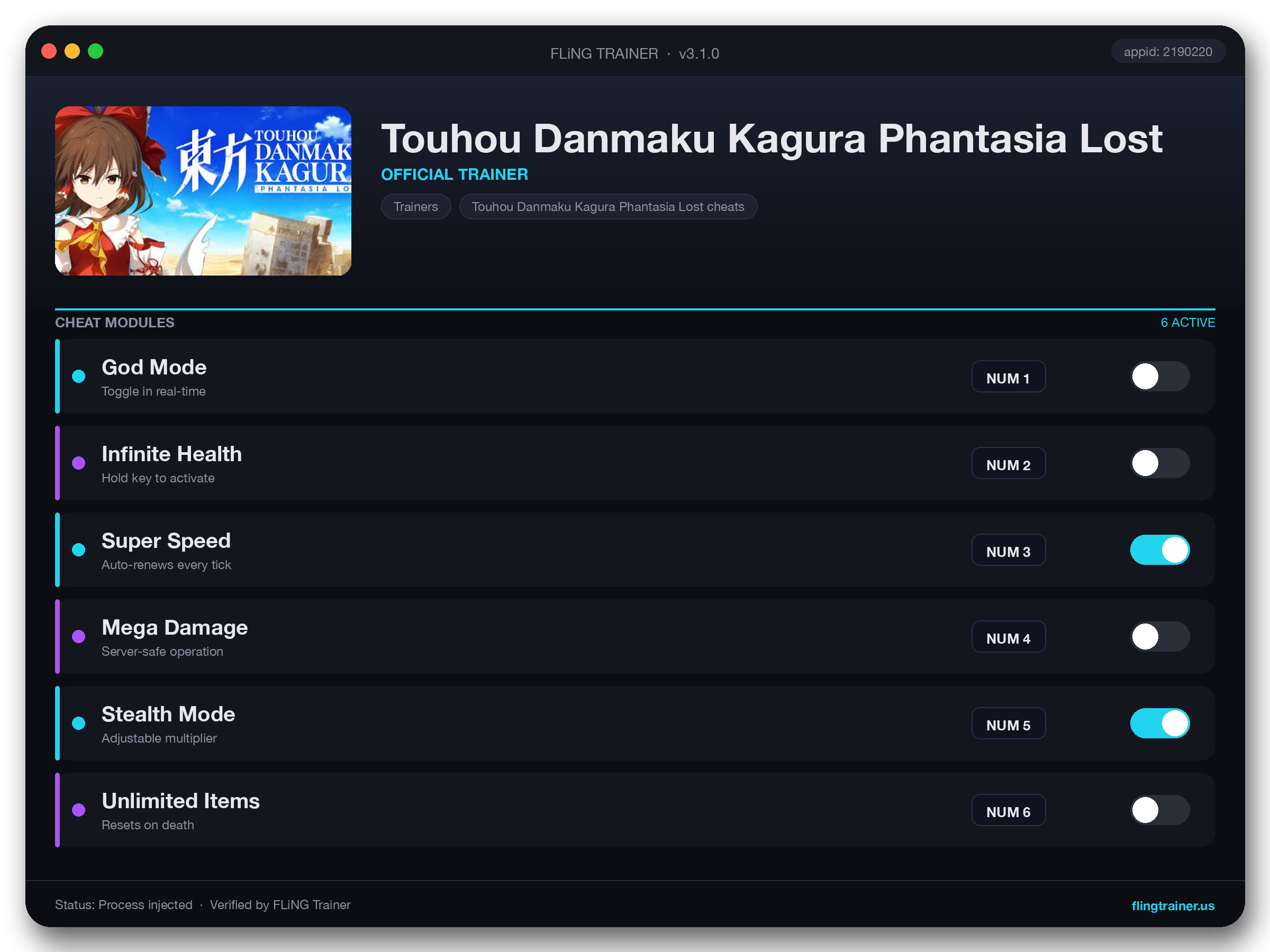 Touhou Danmaku Kagura Phantasia Lost Trainer interface