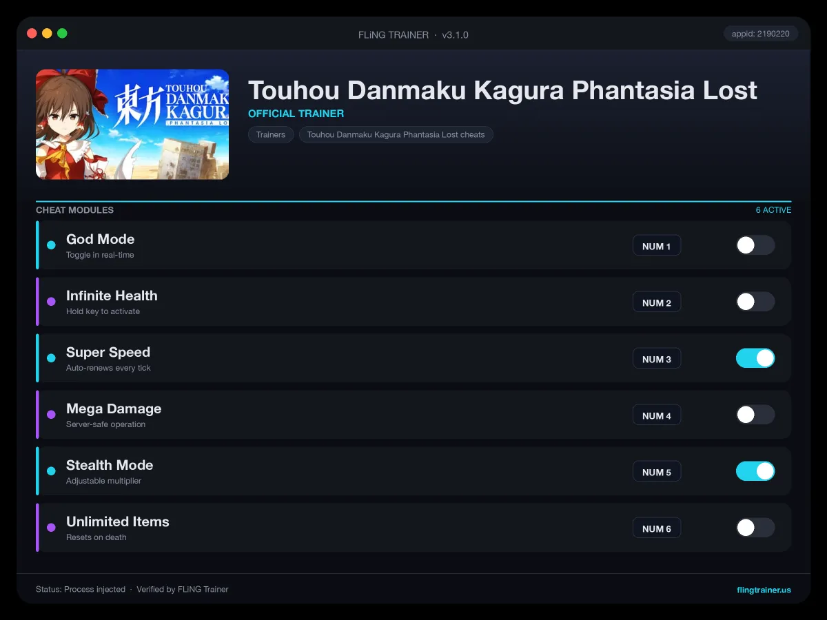 Touhou Danmaku Kagura Phantasia Lost Trainer interface