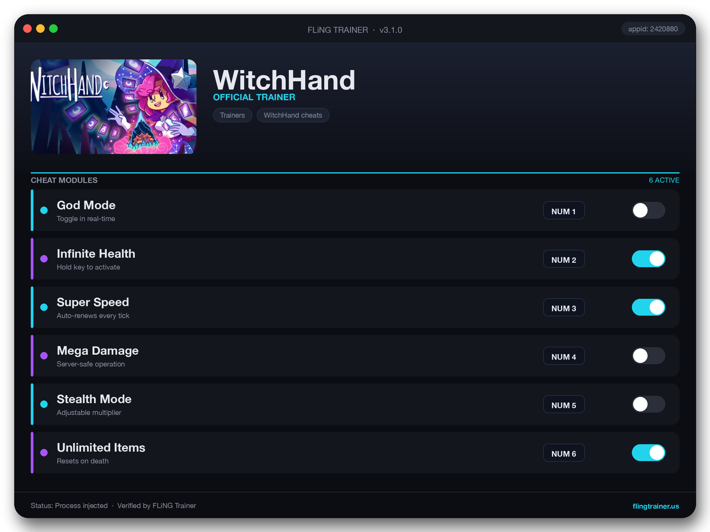 WitchHand Trainer interface