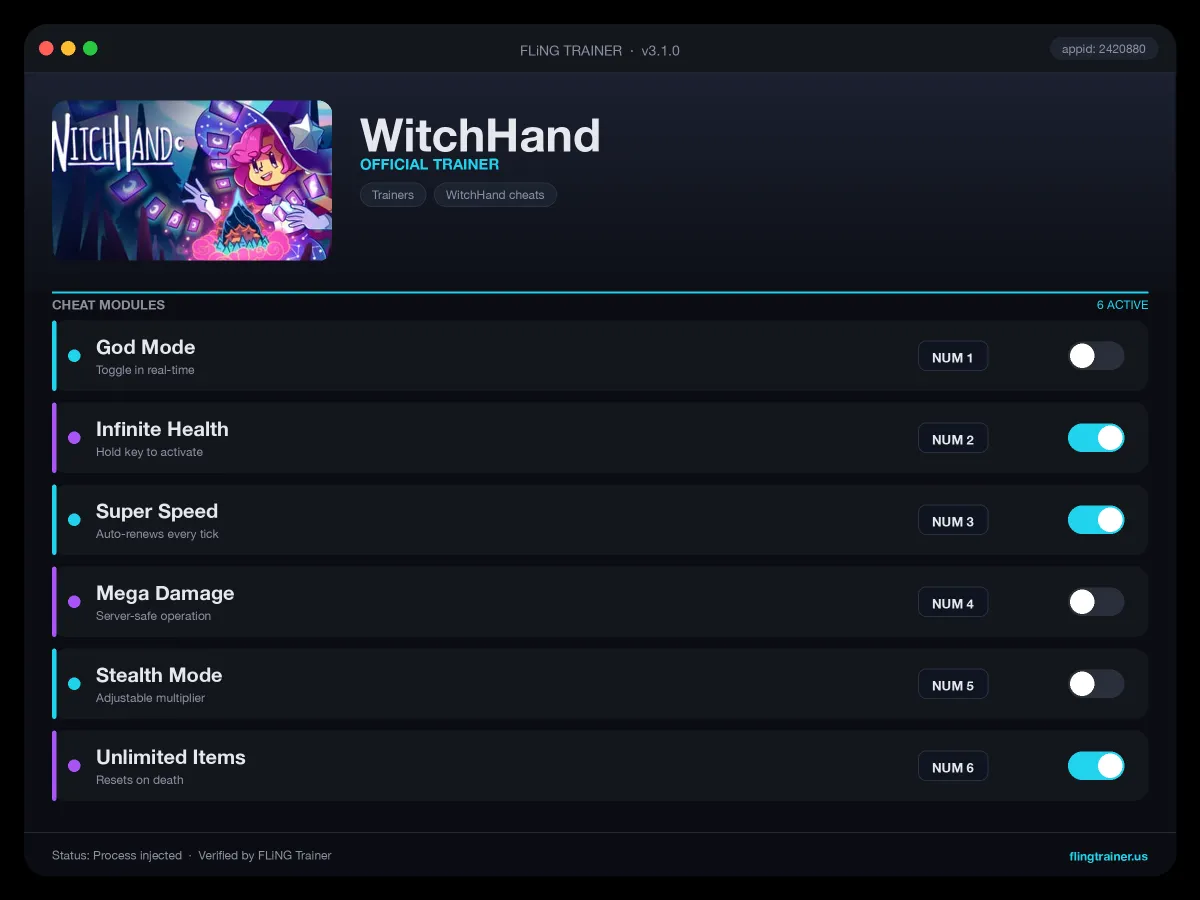 WitchHand Trainer interface