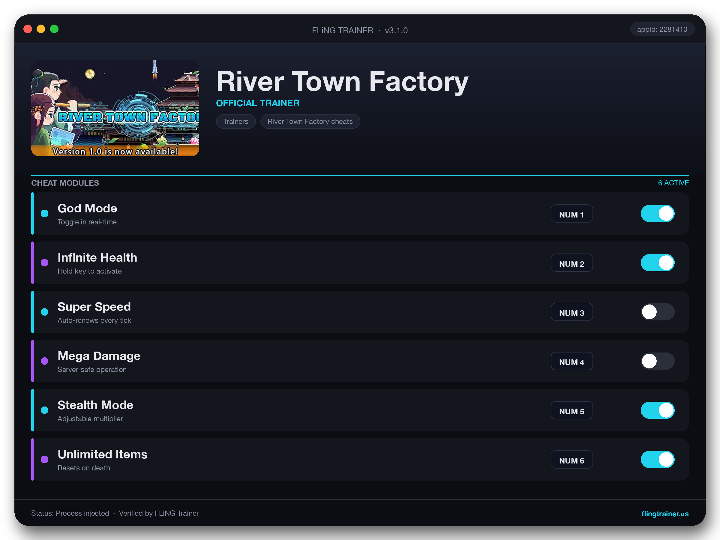 River Town Factory Trainer interface