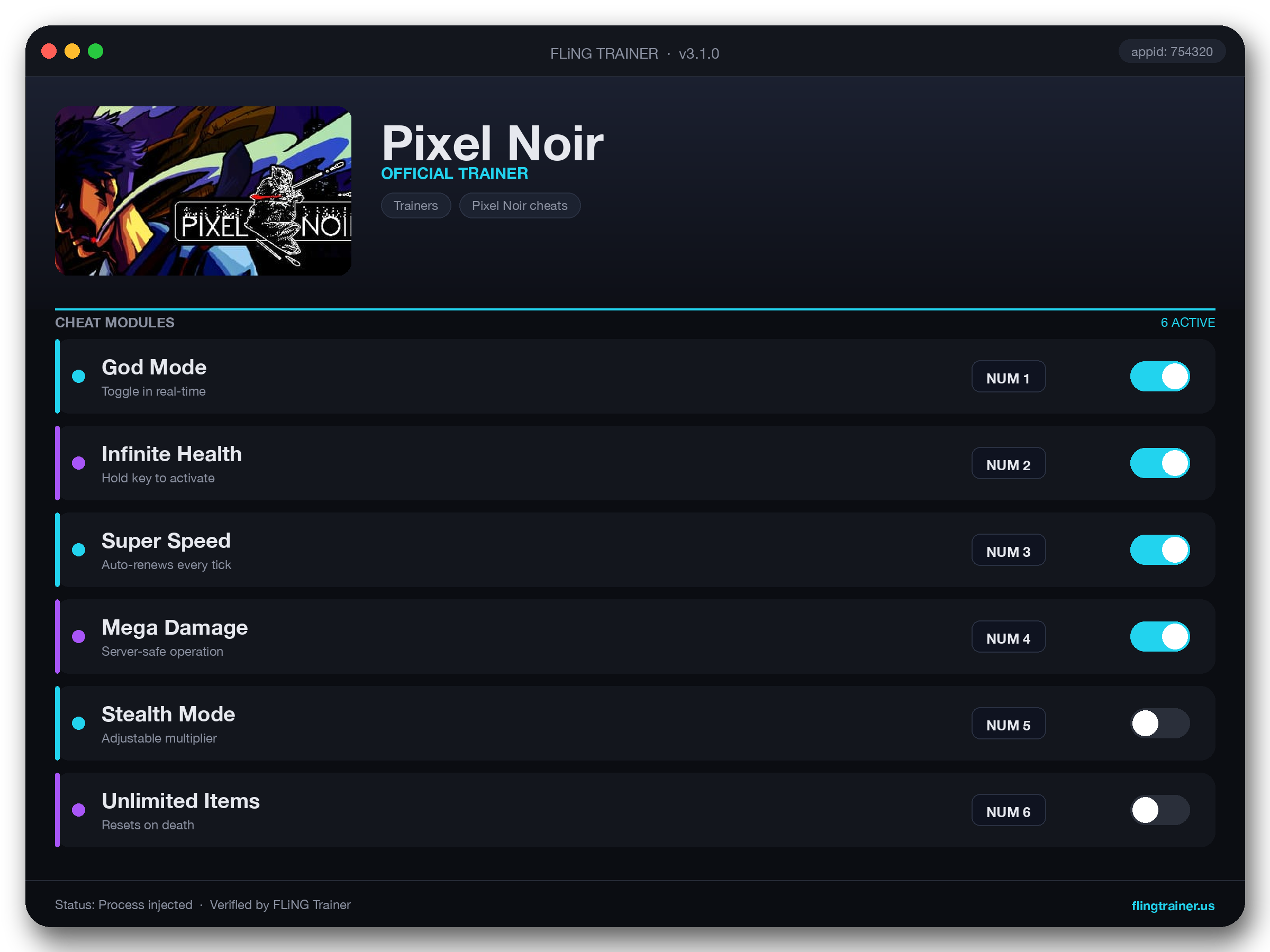 Pixel Noir Trainer interface