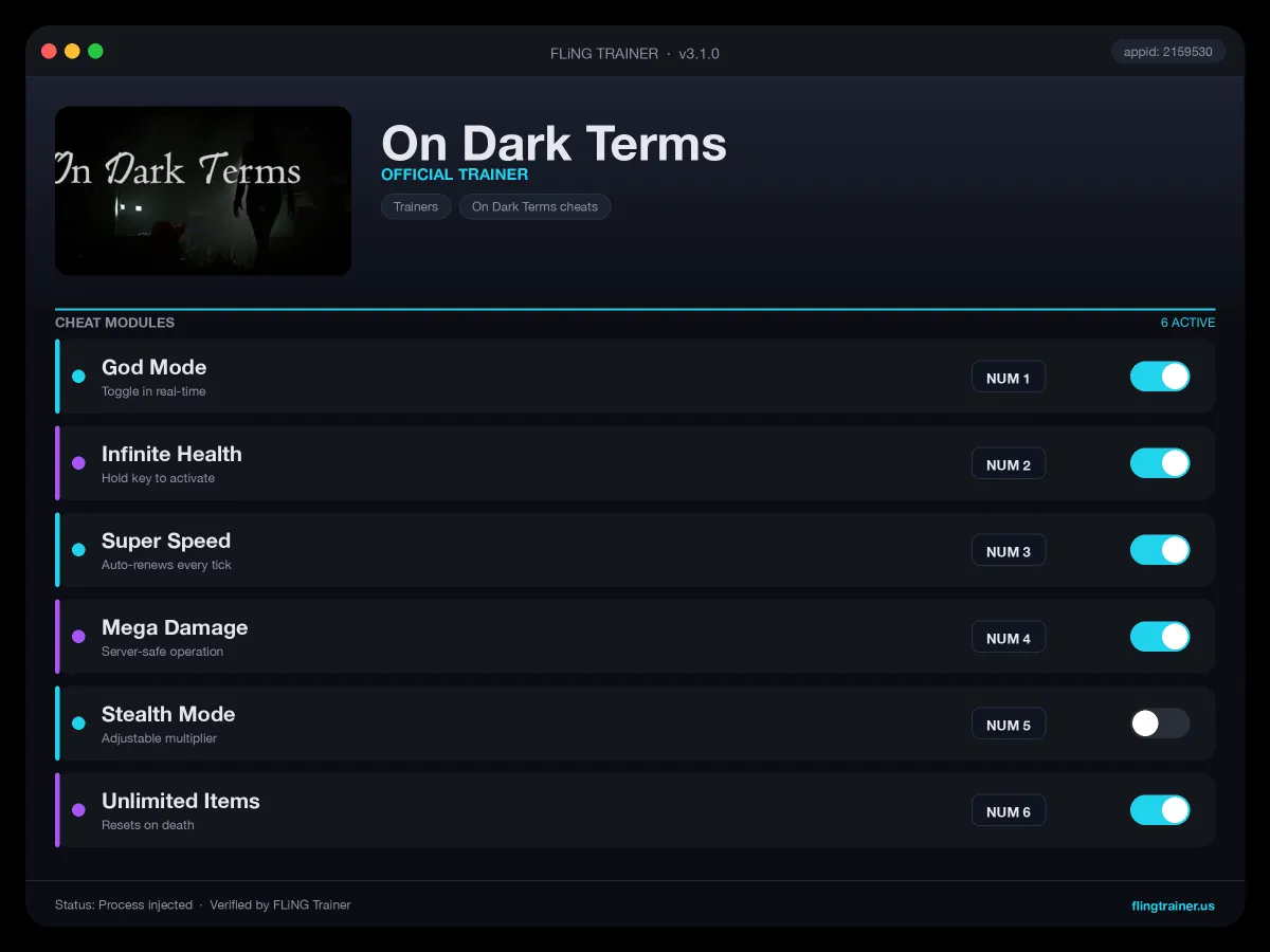 On Dark Terms Trainer interface