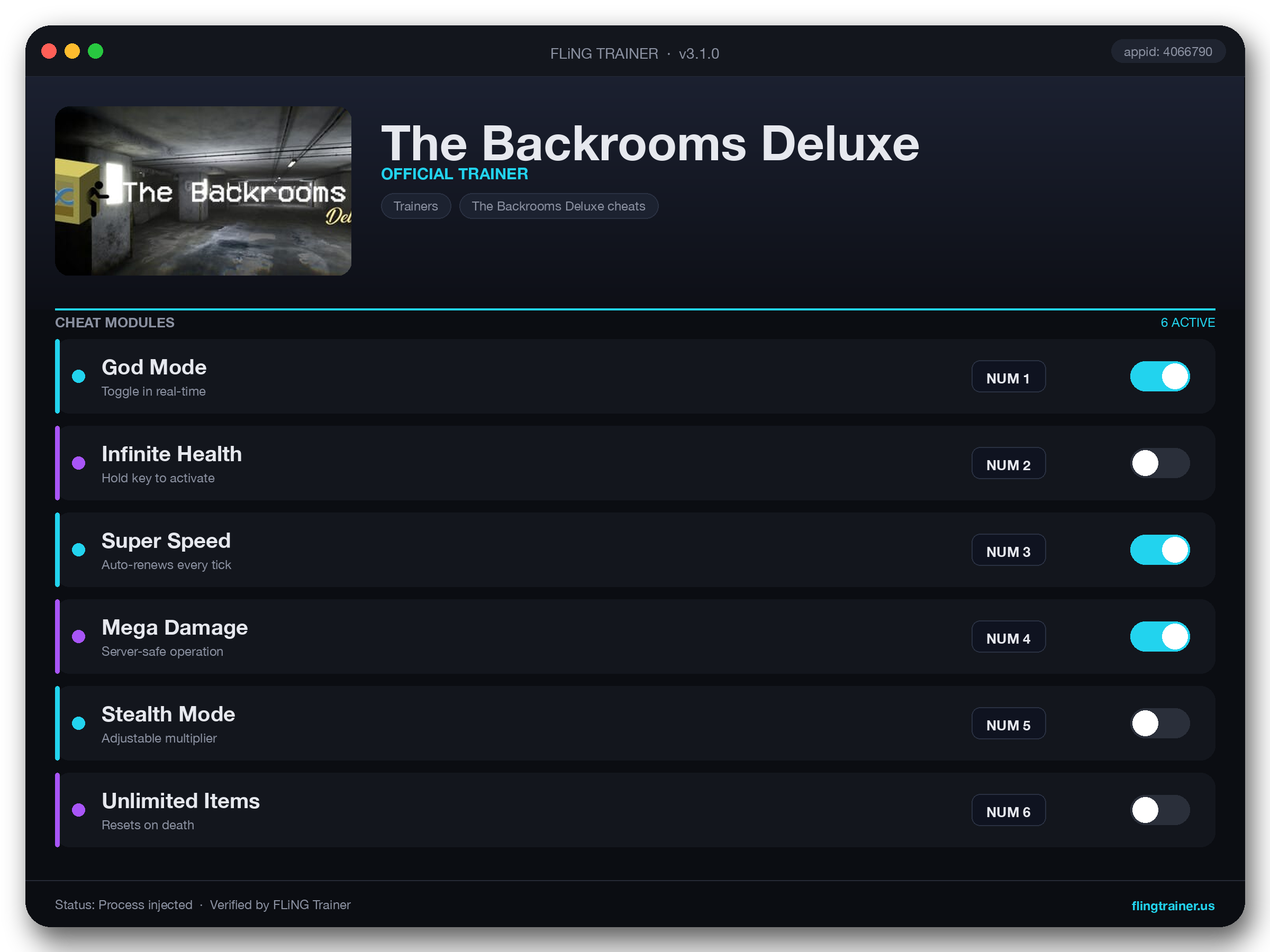 The Backrooms Deluxe Trainer interface