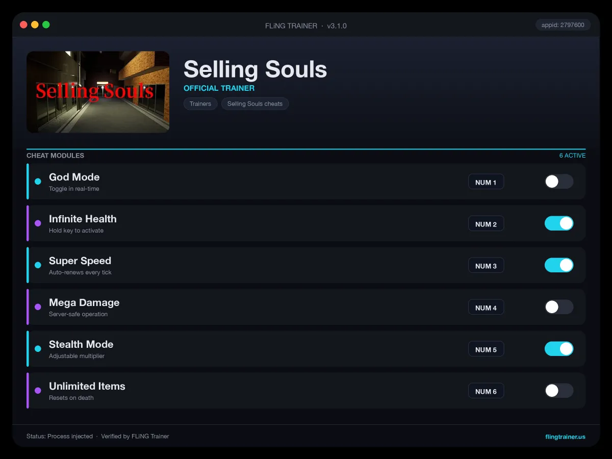 Selling Souls Trainer interface