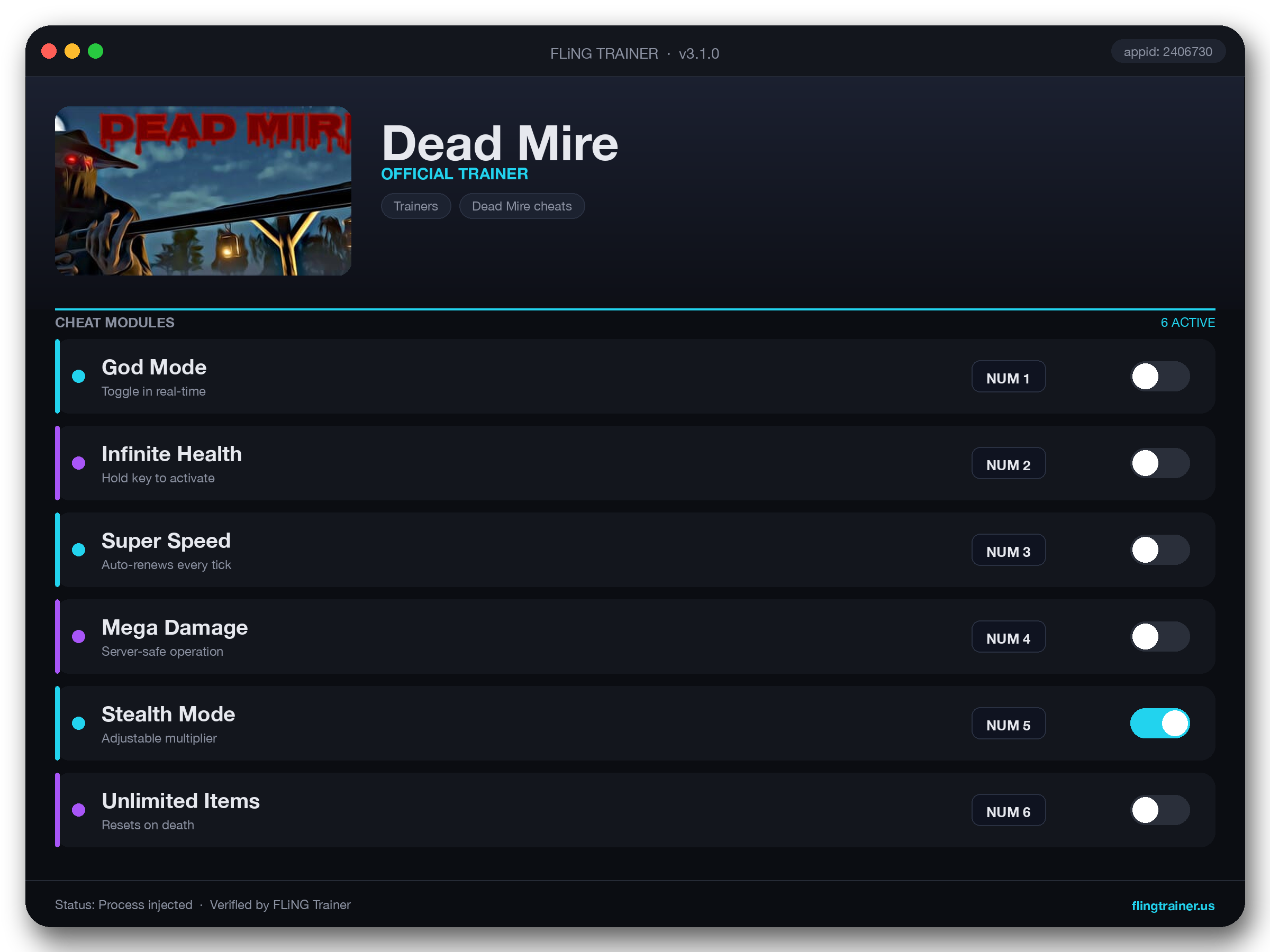 Dead Mire Trainer interface