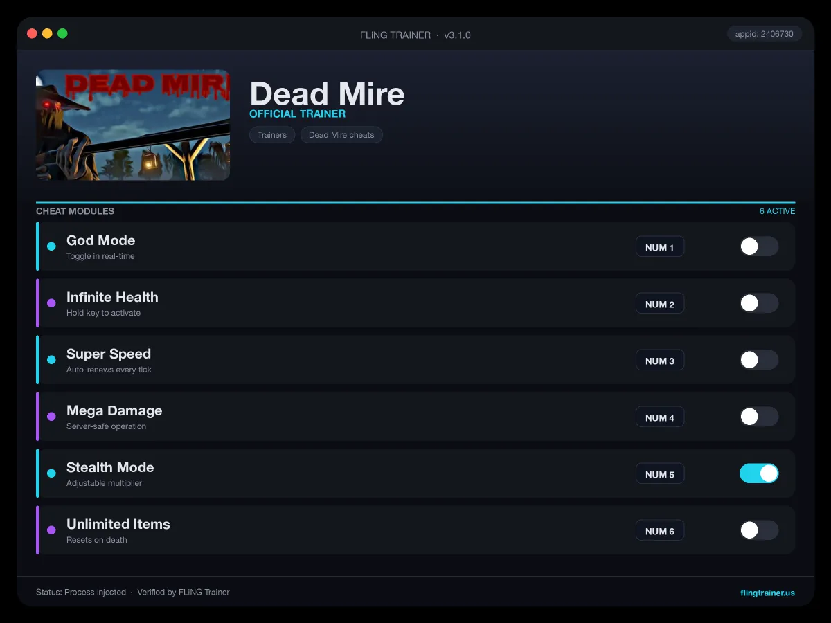 Dead Mire Trainer interface