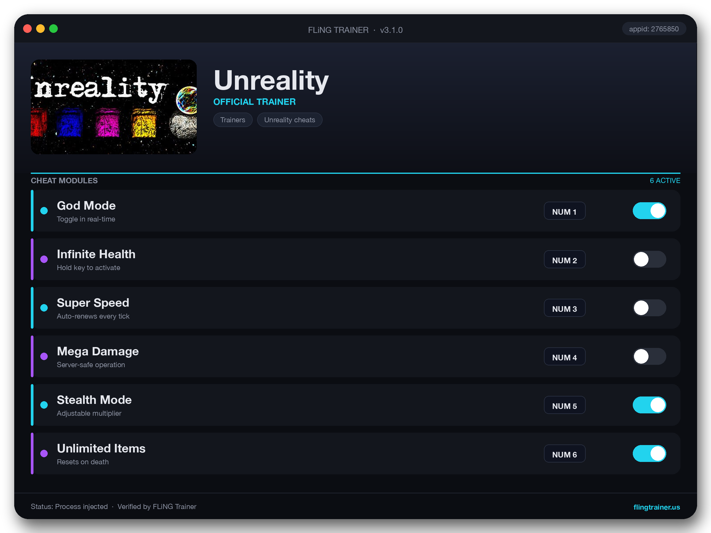 Unreality Trainer interface