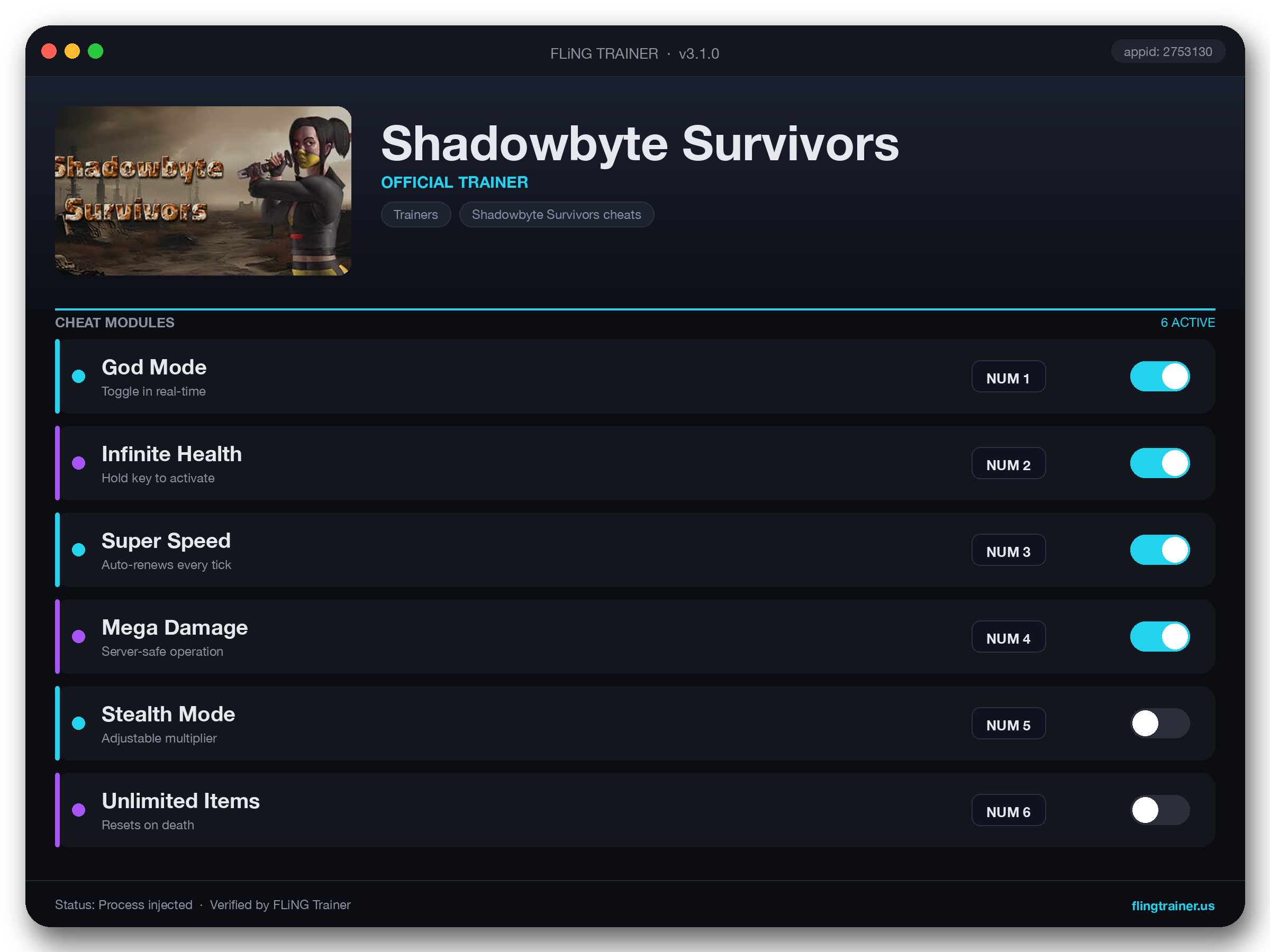 Shadowbyte Survivors Trainer interface