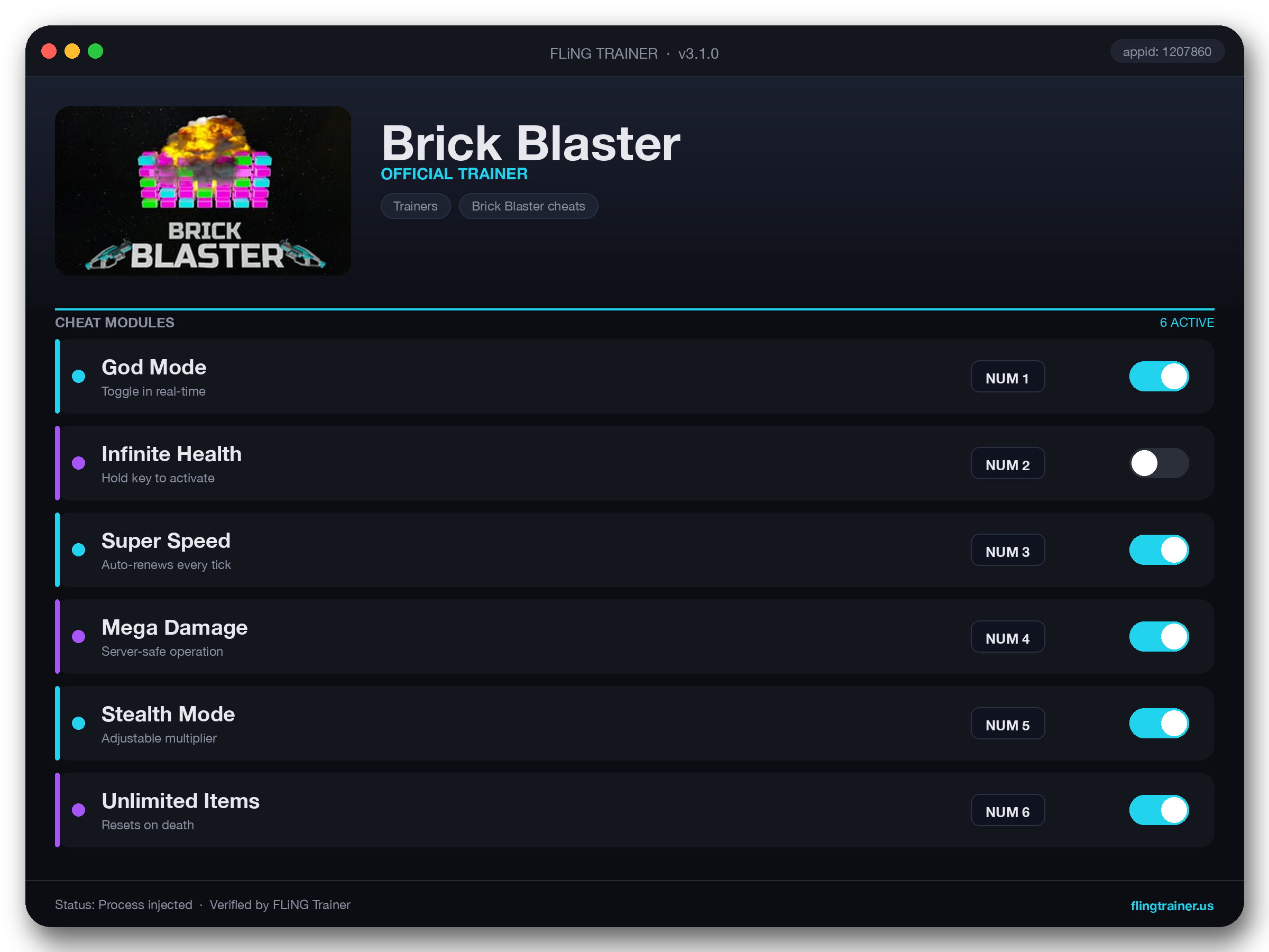 Brick Blaster Trainer interface
