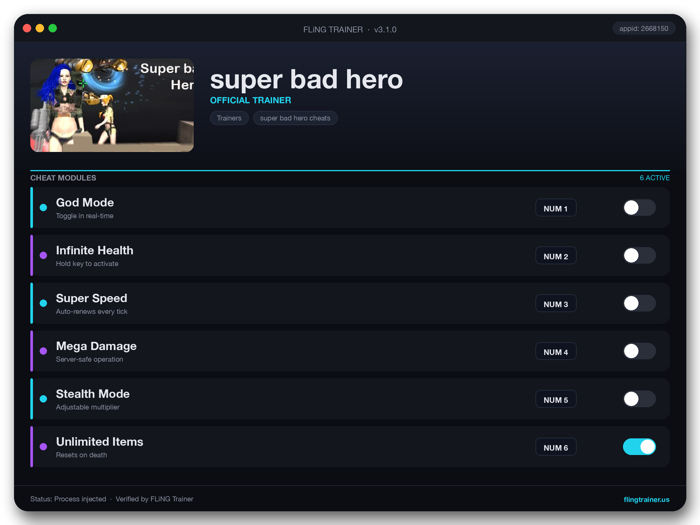super bad hero Trainer interface