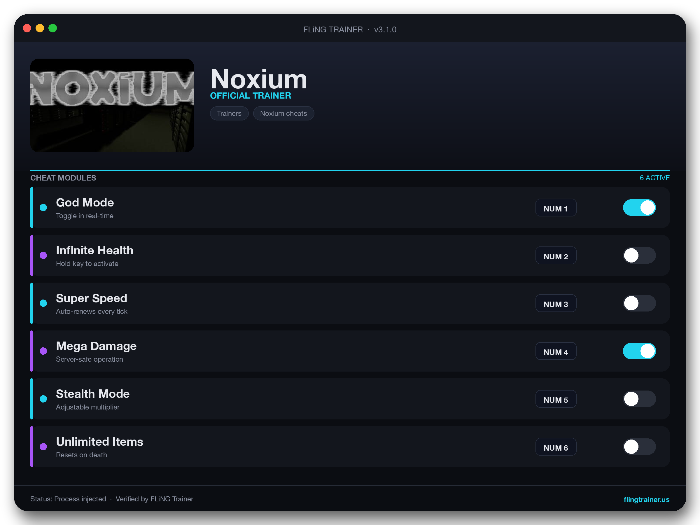 Noxium Trainer interface