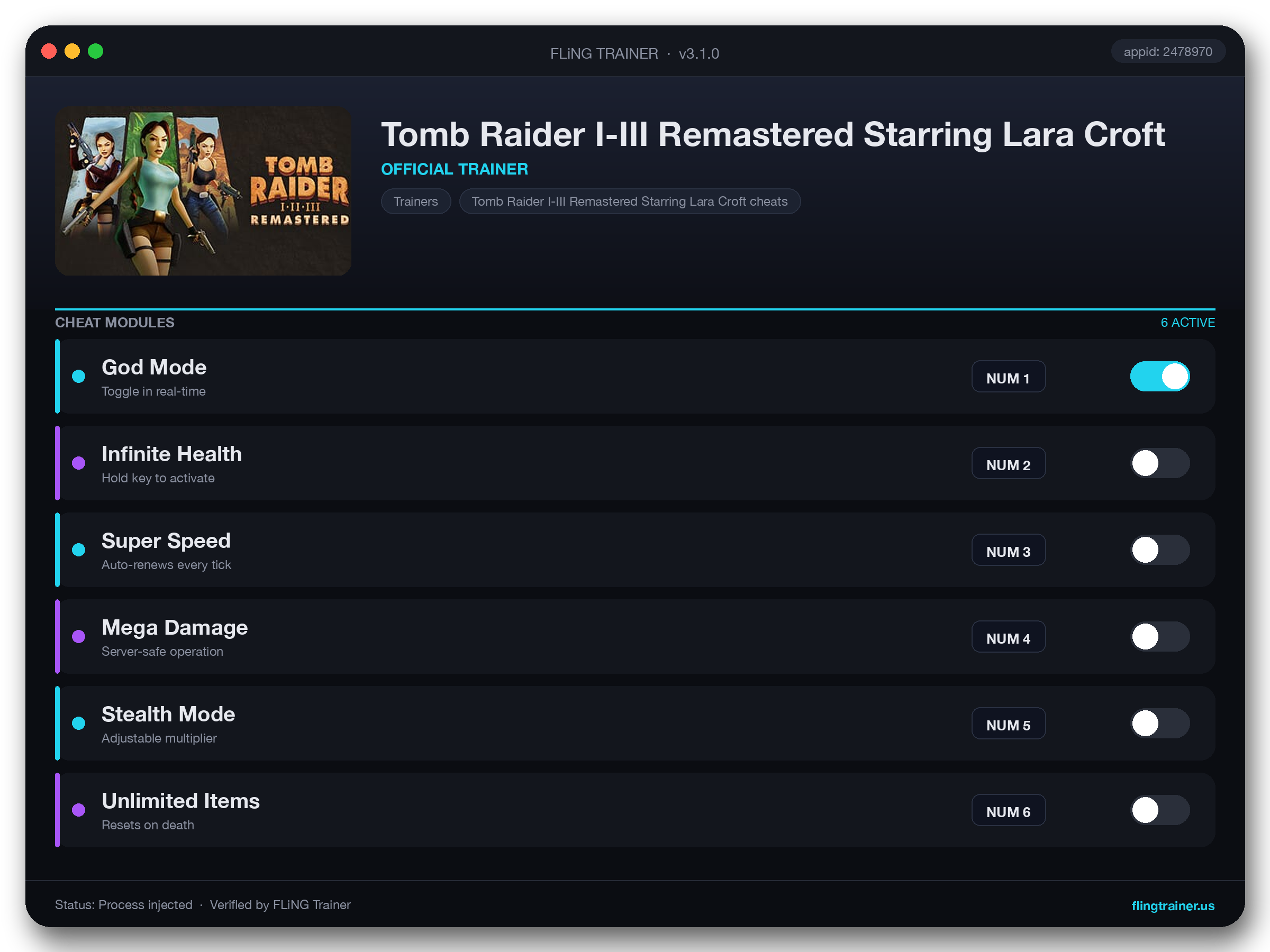 Tomb Raider I-III Remastered Starring Lara Croft Trainer interface