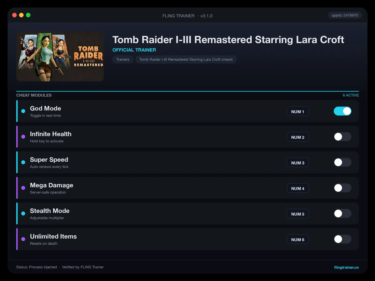 Tomb Raider I-III Remastered Starring Lara Croft Trainer interface